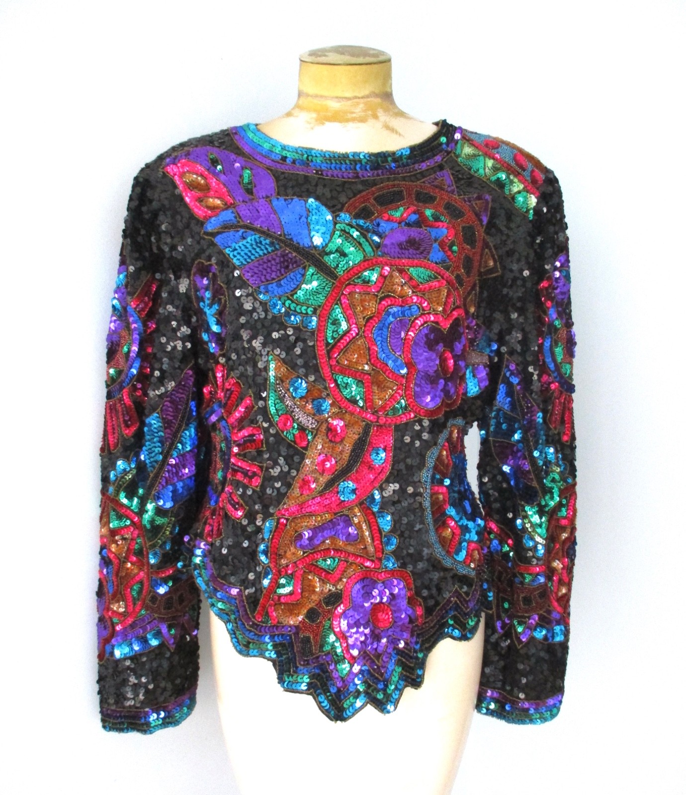 Vtg 80s Laurence Kazar full sequin rainbow evening peplum top big shoulders XL