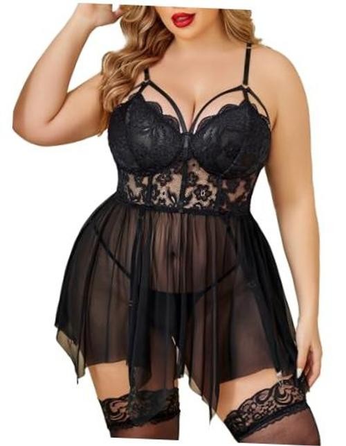 Plus Size Lingerie Mesh Lace Lingerie Top Babydoll Lingerie 5X-Large Black