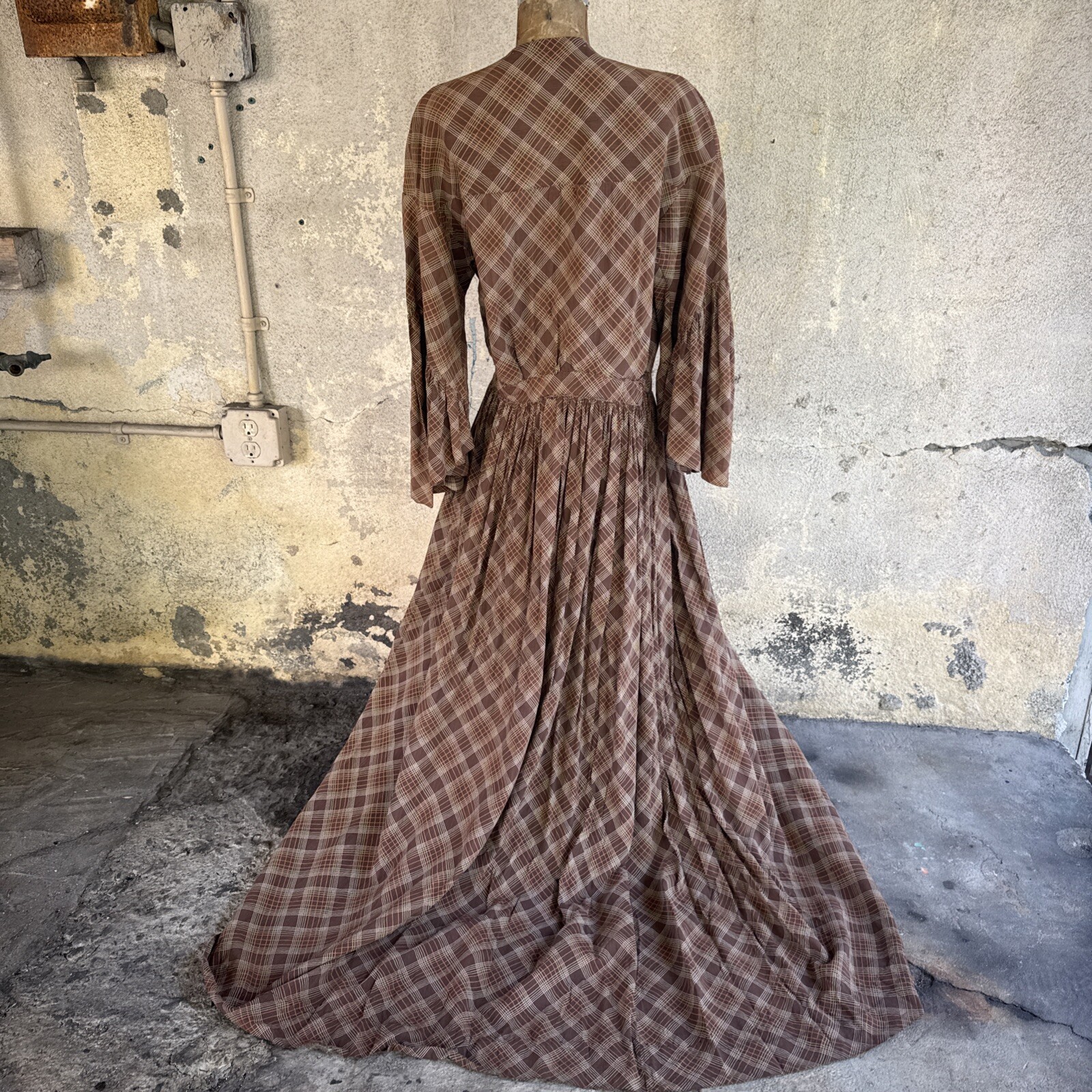 Vintage 1930s Brown Green & Orange Plaid Linen Dress Maxi Bell Sleeves Wooden