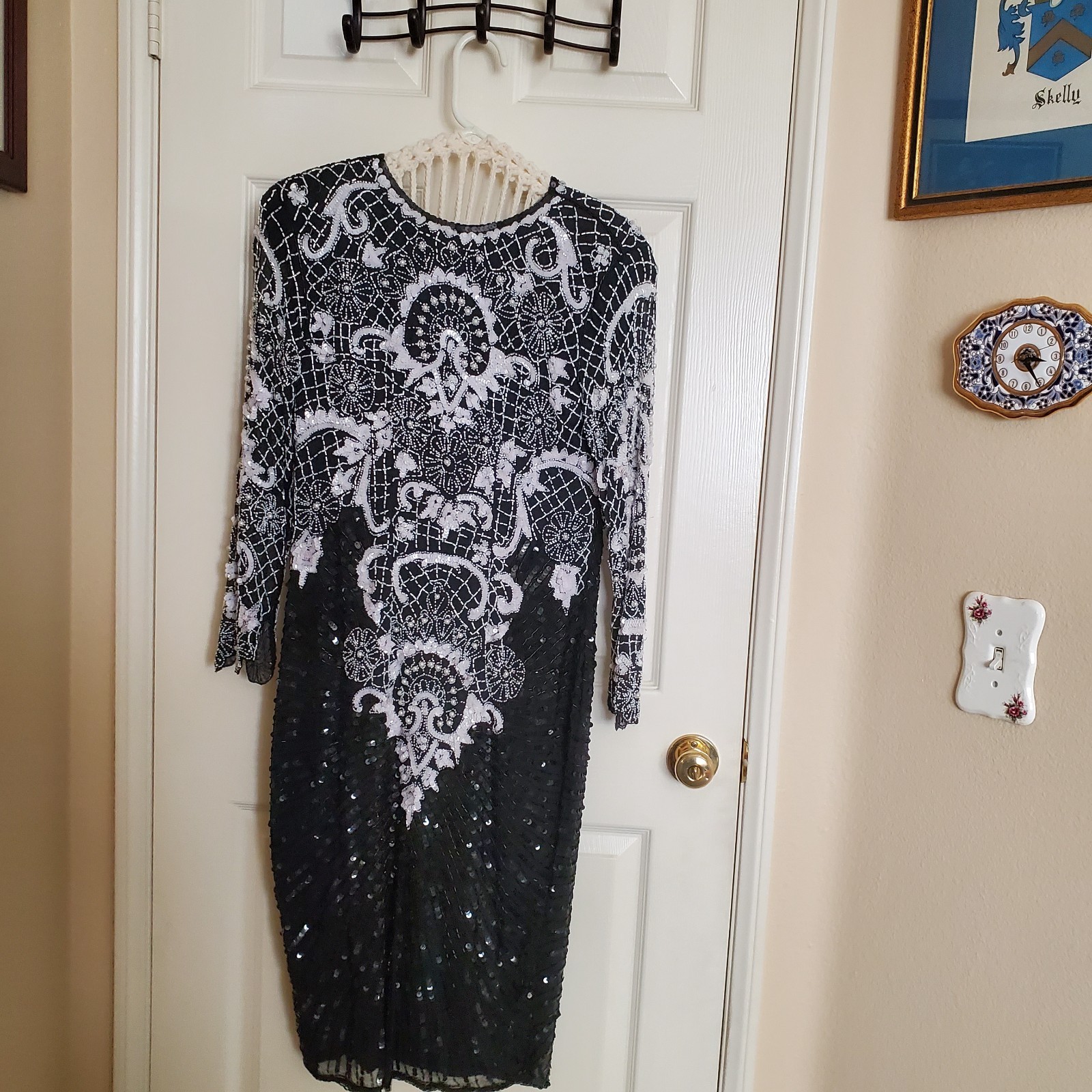 Vintage Swee Lo Silk Beaded Sequins Black/White Cocktail Evening Dress PM As Is