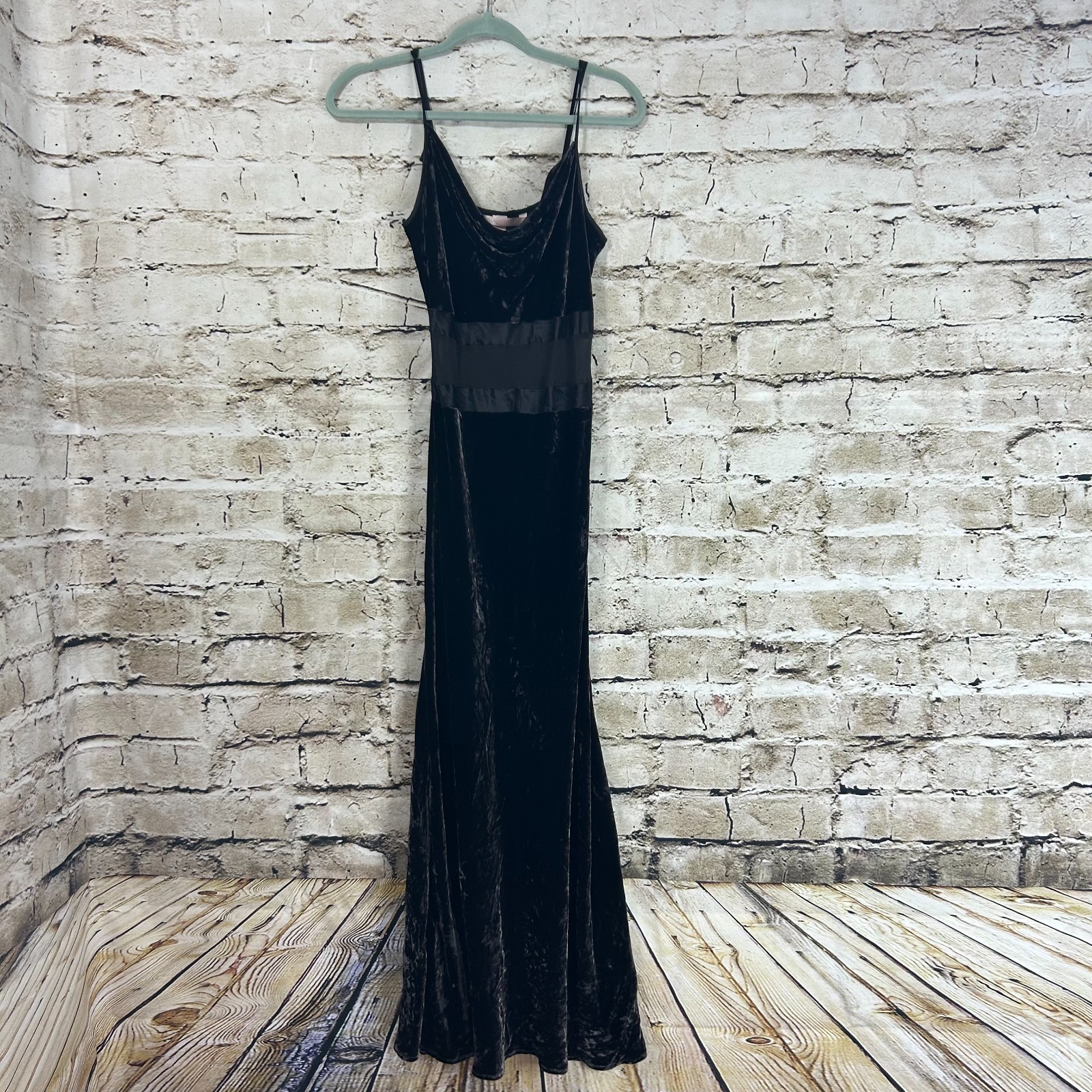 Vintage Victoria Secret Y2K Black Velvet Velour Maxi Slip Dress Silk Sheer SizeM