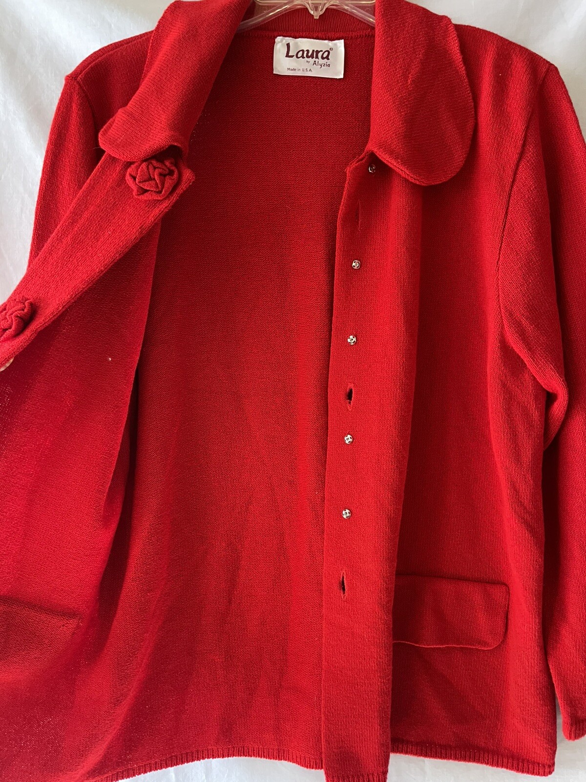 VINTAGE LAURA by ALYZIA, Women’s L Red Cardigan Sweater Knit Flower Accents