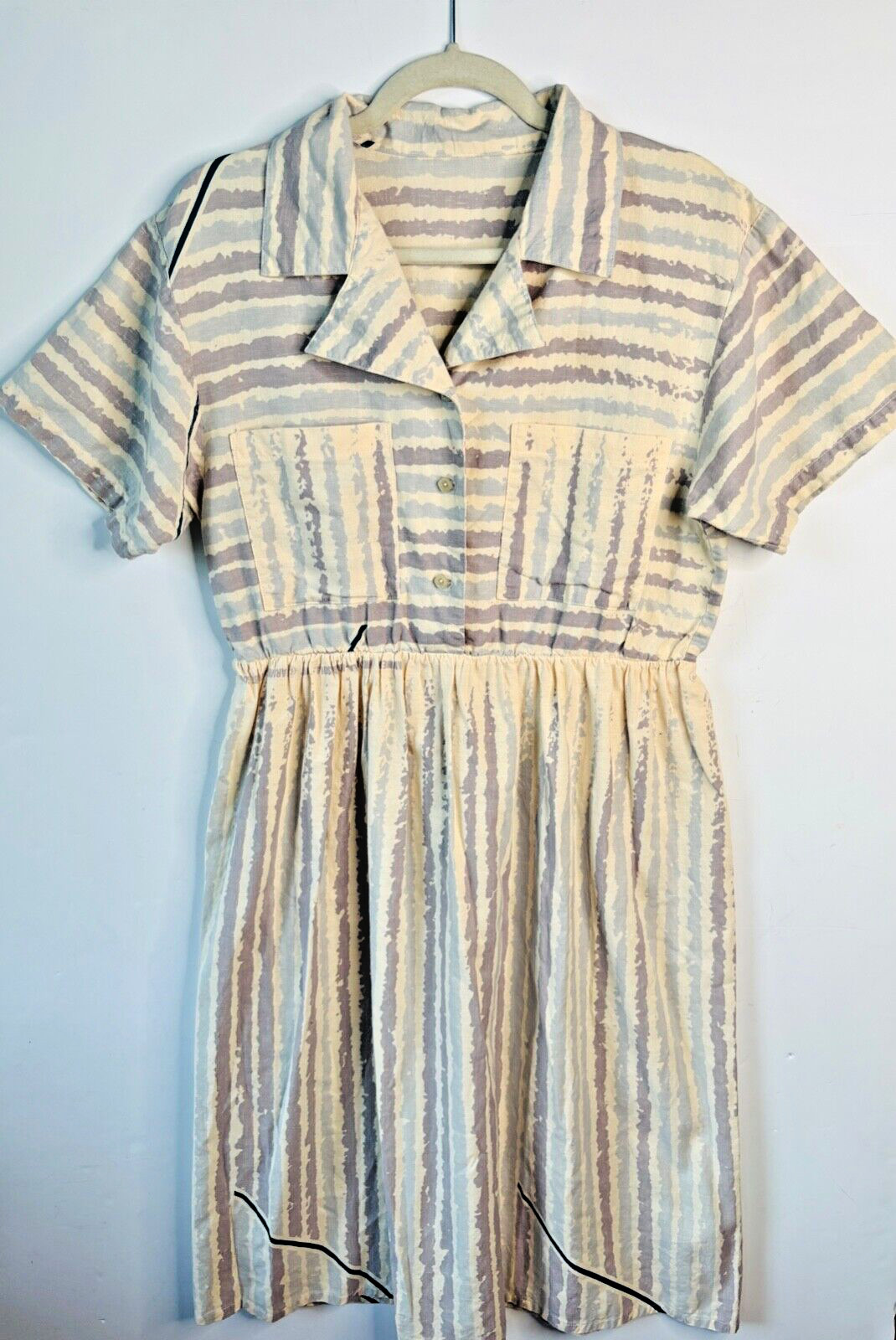 VTG 50’S UNIQUE!!HANDMADE OFF WHITE&BLUE PURPLE STRIPED PLEATED BUTTON DRESS*M