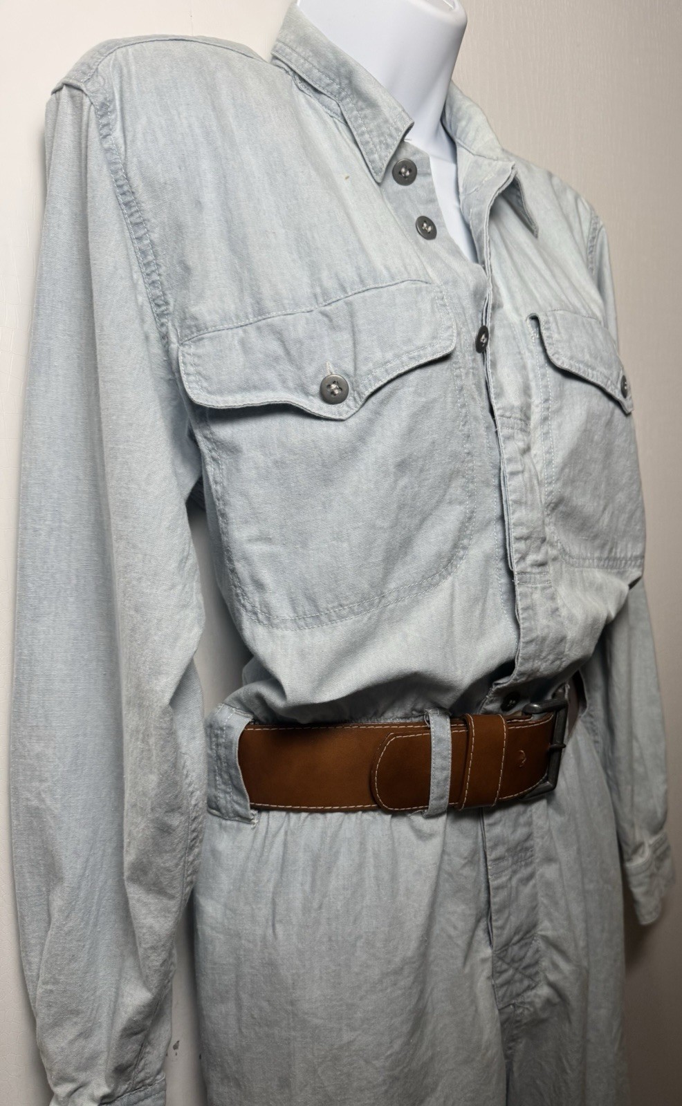 Vintage Liz Wear S Chambray Utility Jumpsuit Belted 90s Workwear