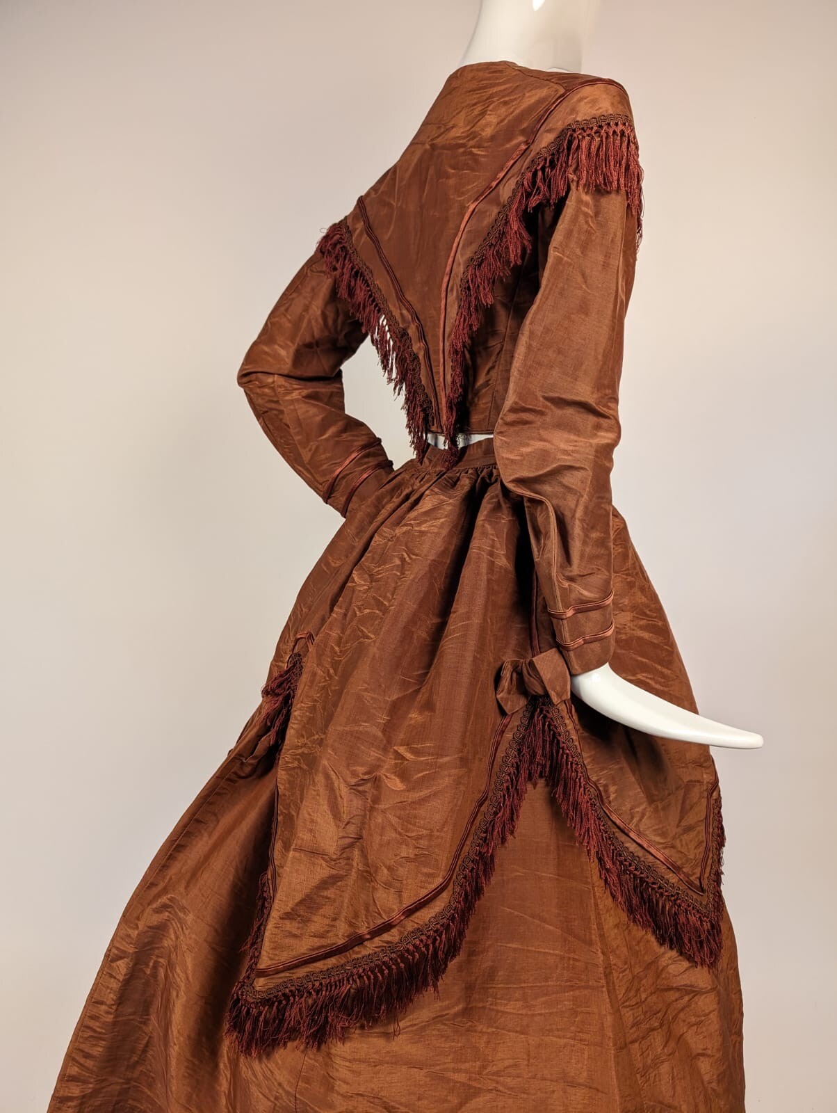 POST CIVIL WAR LATE 1860’S 3 PC BROWN SHINING SILK DRESS W FRINGE
