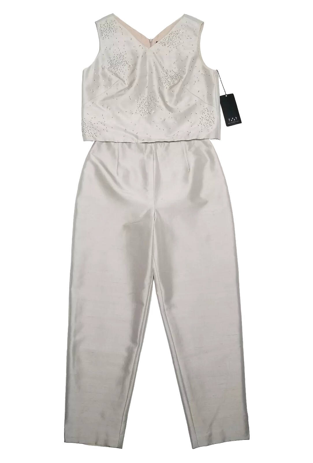 Vtg David Meister Silk Beaded Crop Top High Waist Pants Formal Sz 8 Taupe NWT