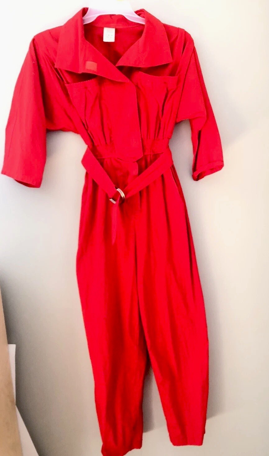 Red Cotton Jumpsuit Size 10 Belt Hook Loop Front 3/4 Sleeves 1980s Costume