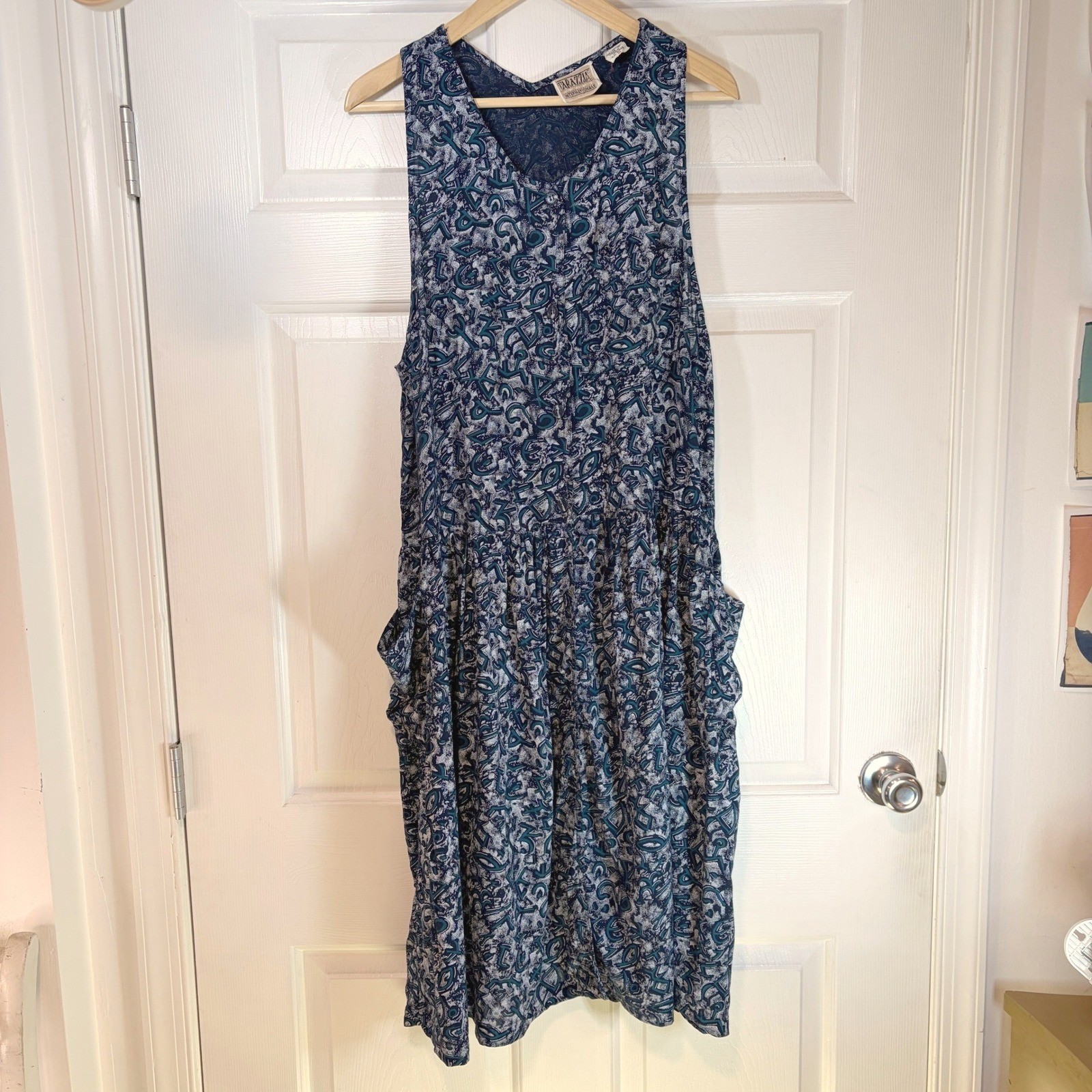 Tarazzia Sport Vintage Rayon Abstract Print Drop Waist Pocket Dress Navy Teal M