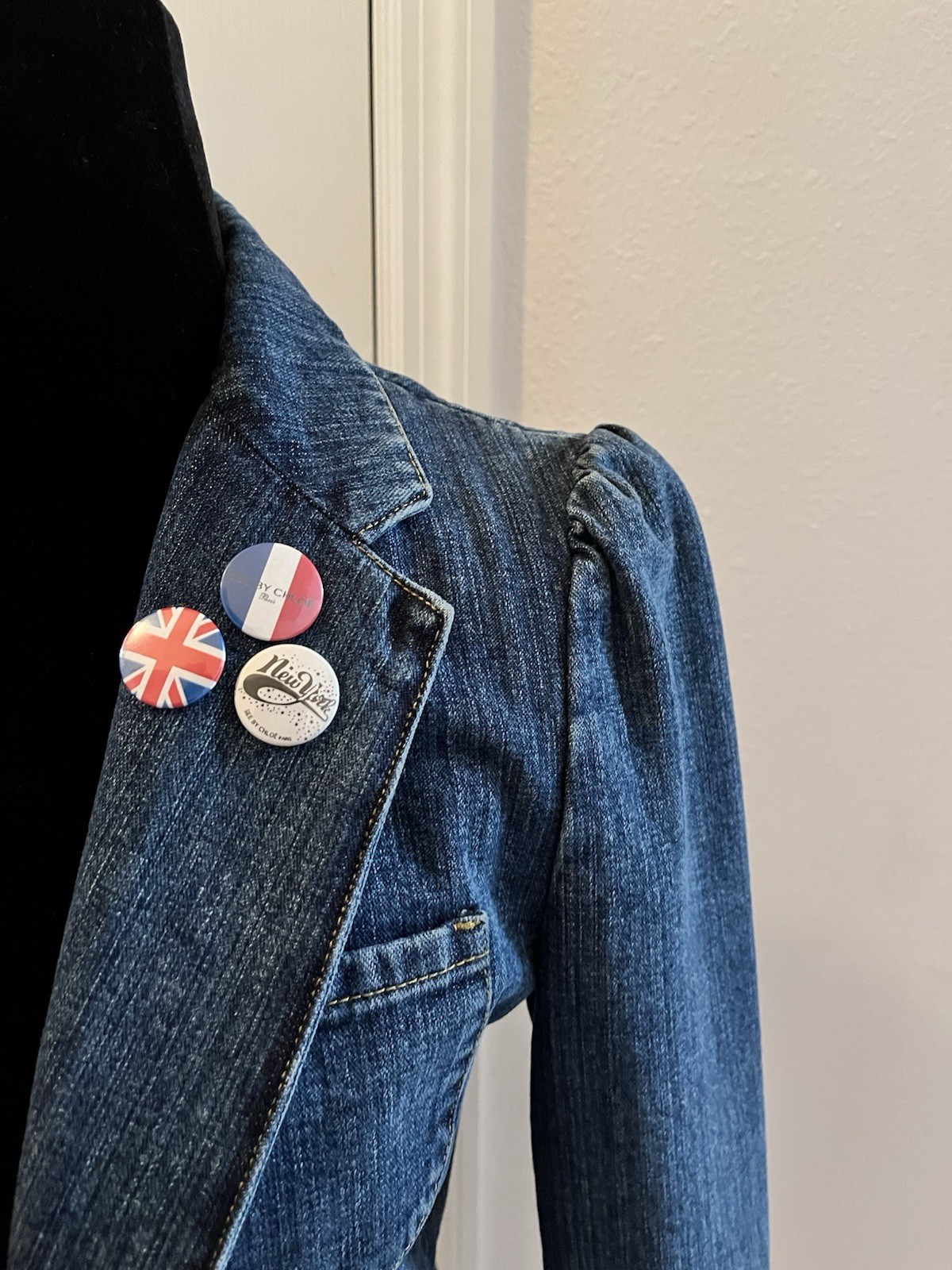Vintage SEE BY CHLOÉ Paris Denim Jacket with Button Badges, Size 36 (French)