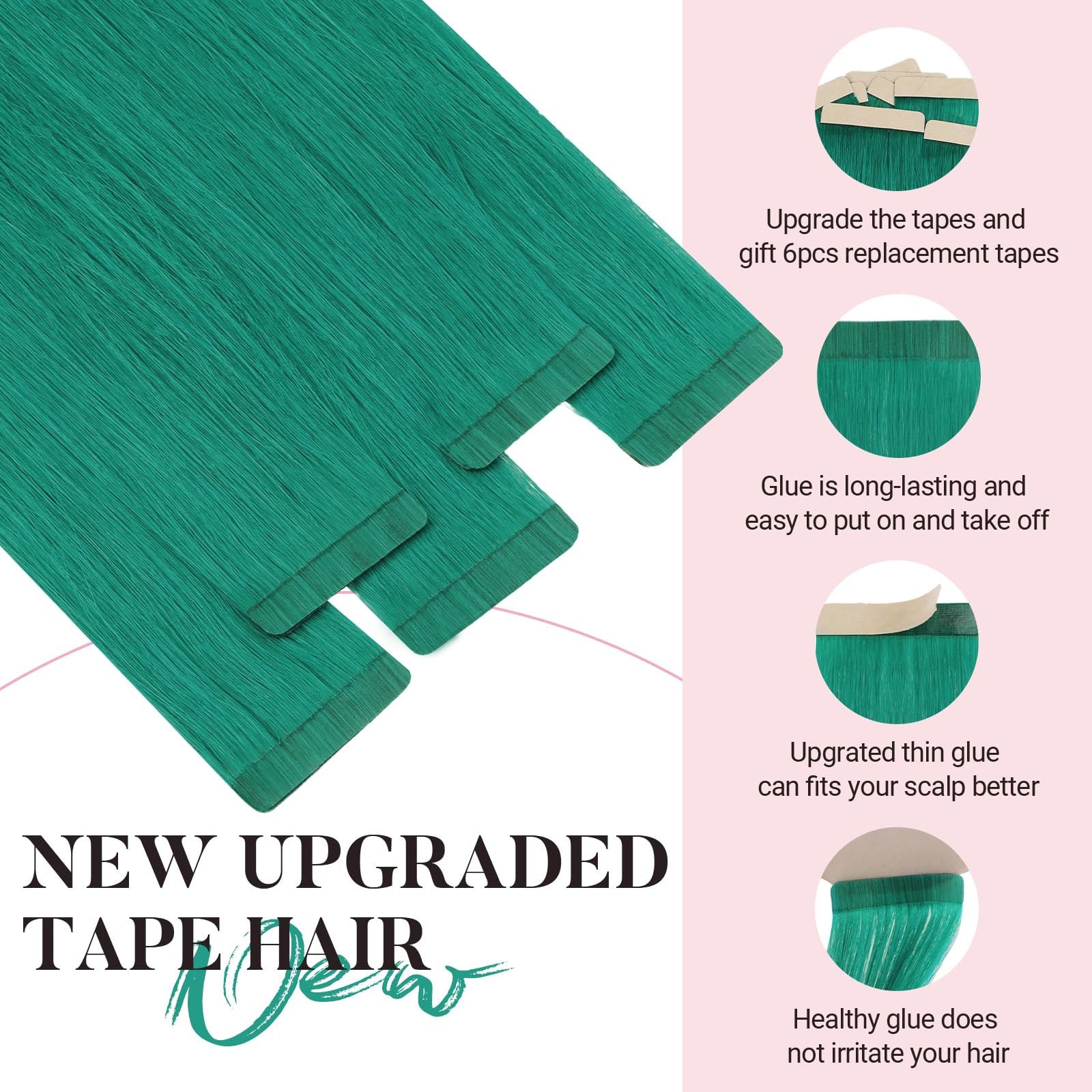 MAXITA Green Tape-In Hair Extensions Human Hair 16 Inch 10pcs Remy Silky Straigh