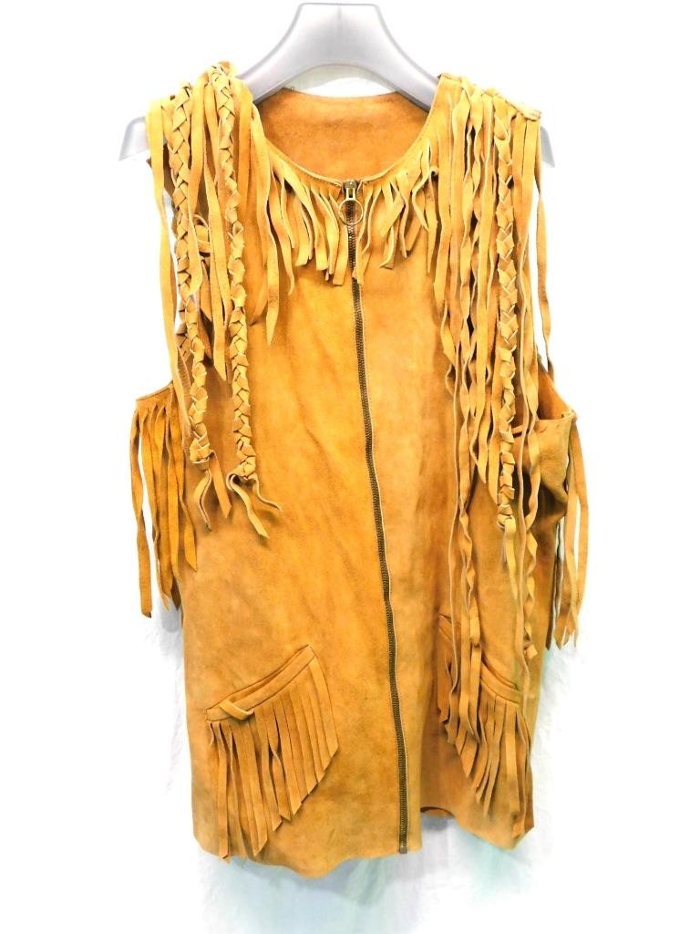 Vintage S Brown Suede Leather Fringe Vest Jacket Full Zip Western Hippie READ