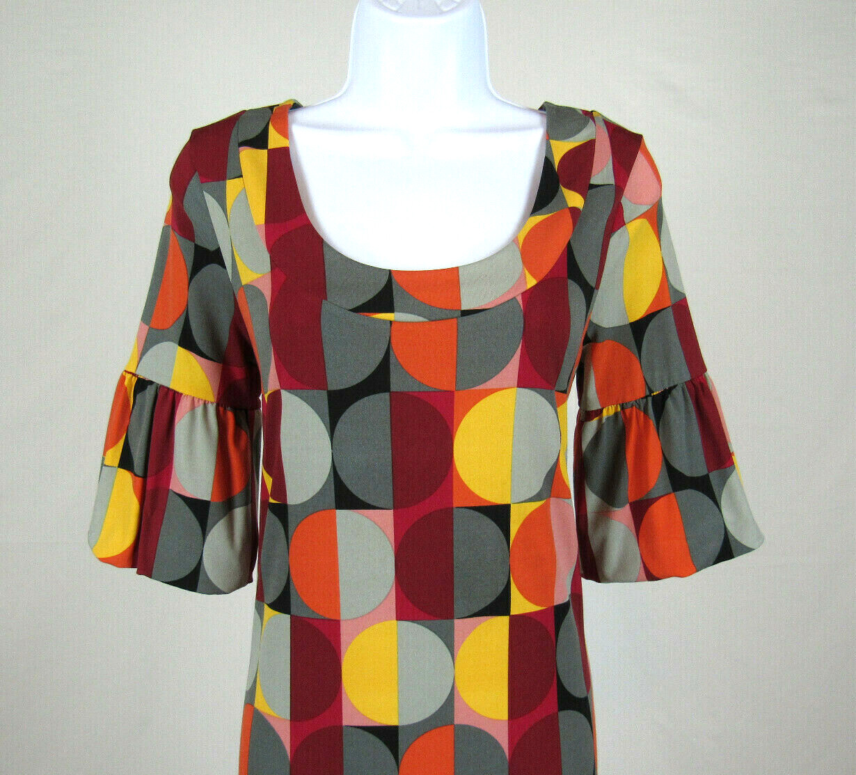 VTG 1980s 90s ELLE SMALL POLY SPANDEX DRESS MOD GEOMETRIC PATTERN PUFFY CUFFS
