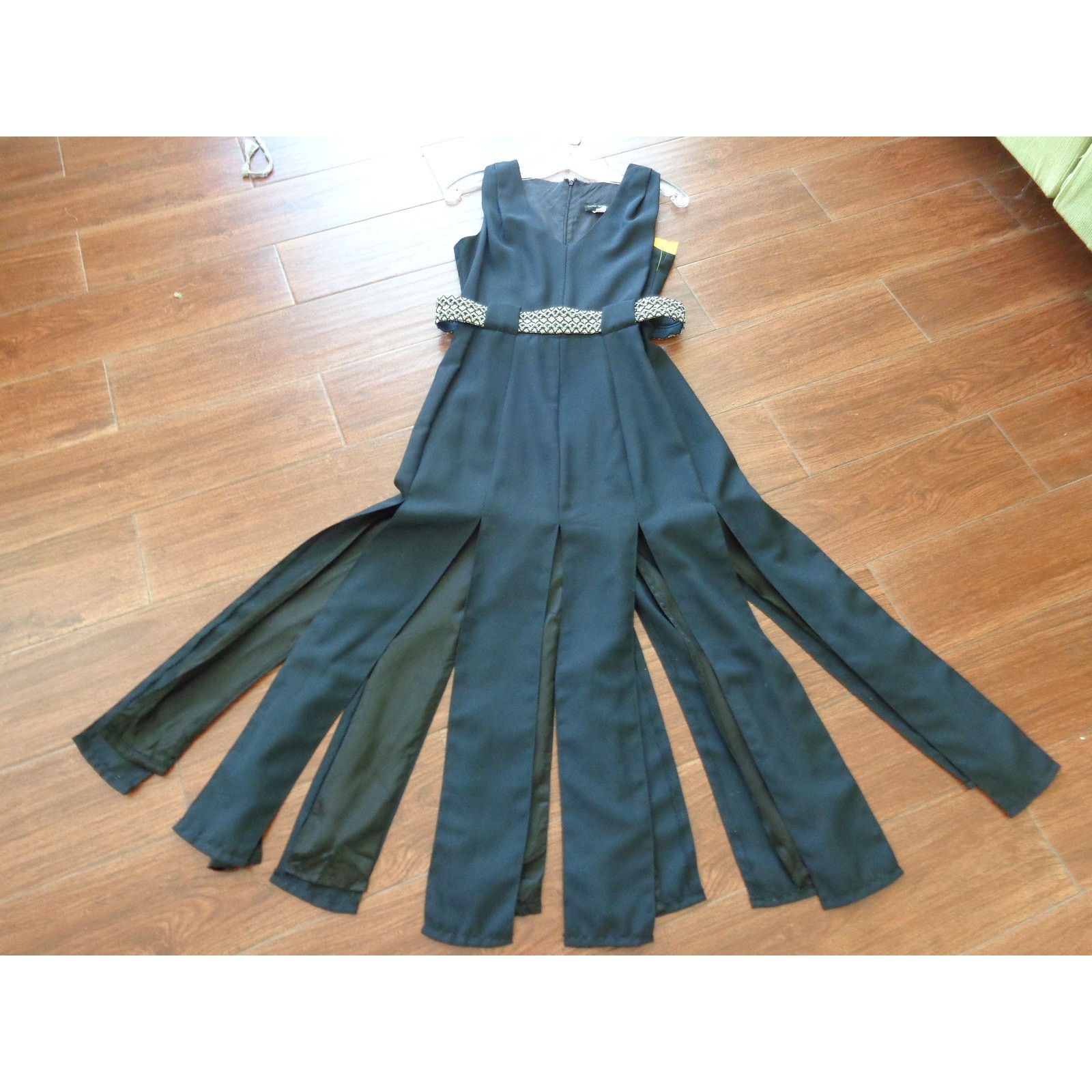 Late Edition Ltd 1990s Black Car Wash Dress V-Neck Silver Weave Belt Slit Skirt