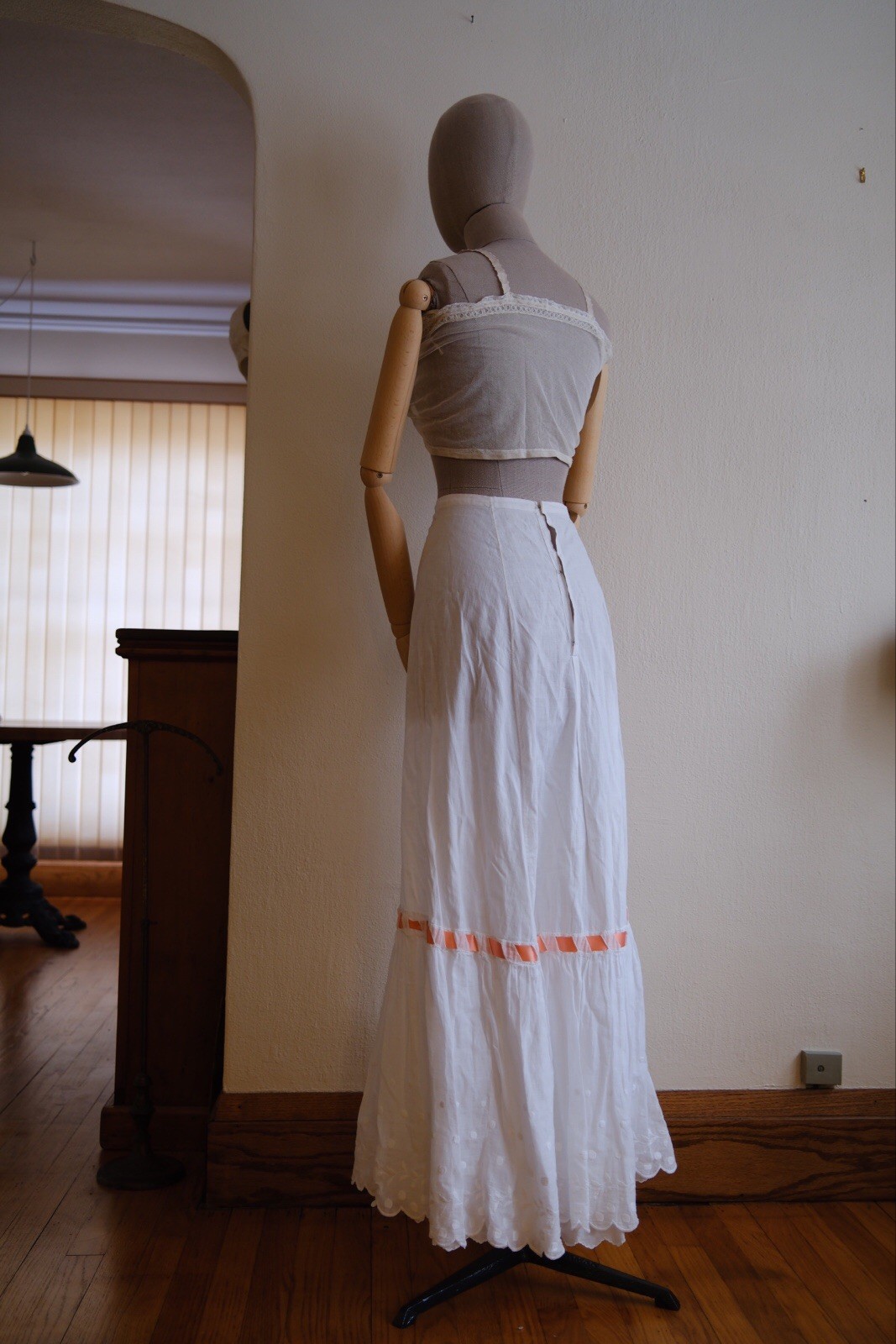1900s Edwardian Petticoat Skirt With Ribbon, Embroidery and scalloped hem