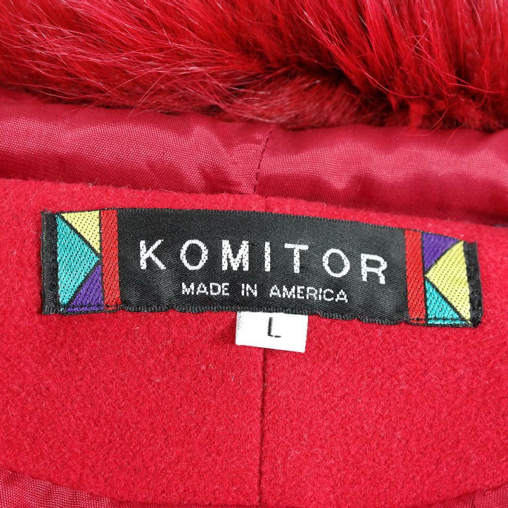 VTG 90s Komitor Red Wool Hooded Coat Genuine Dyed Fox Fur Union Made USA Sz L