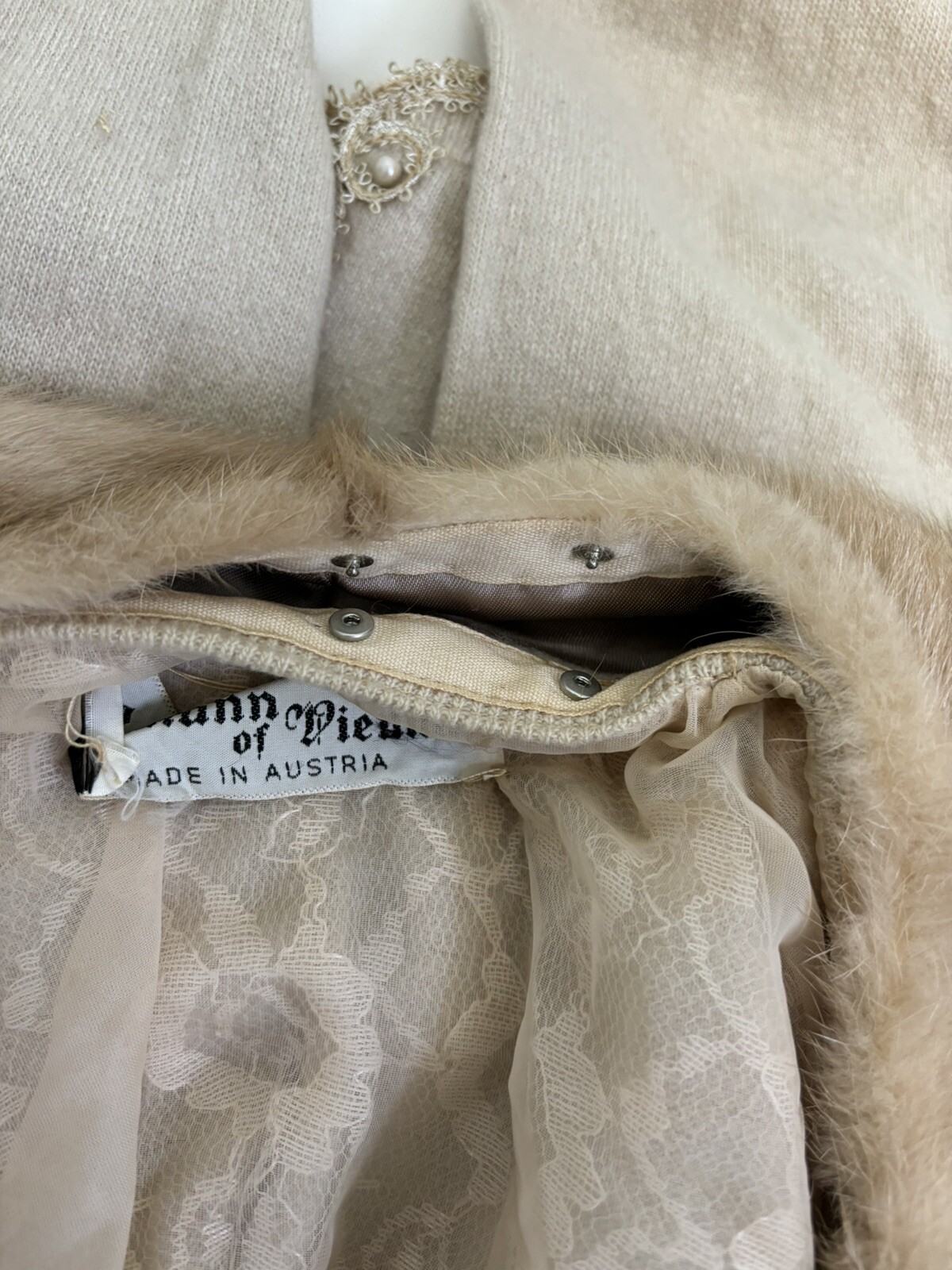 Vintage Cashmere Mink Trim Cream Sweater, S/M By ALTMANN OF VIENNA