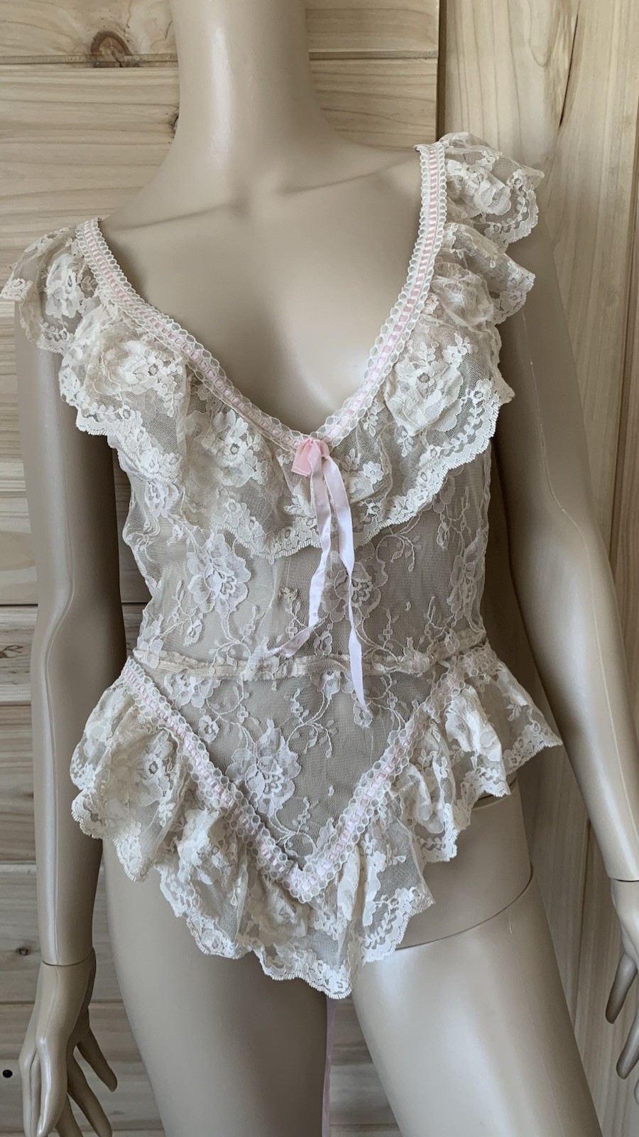 Vintage 70s 80s Designer Emil Bole Tan Beige nude Floral Lace Teddy W Ribbons