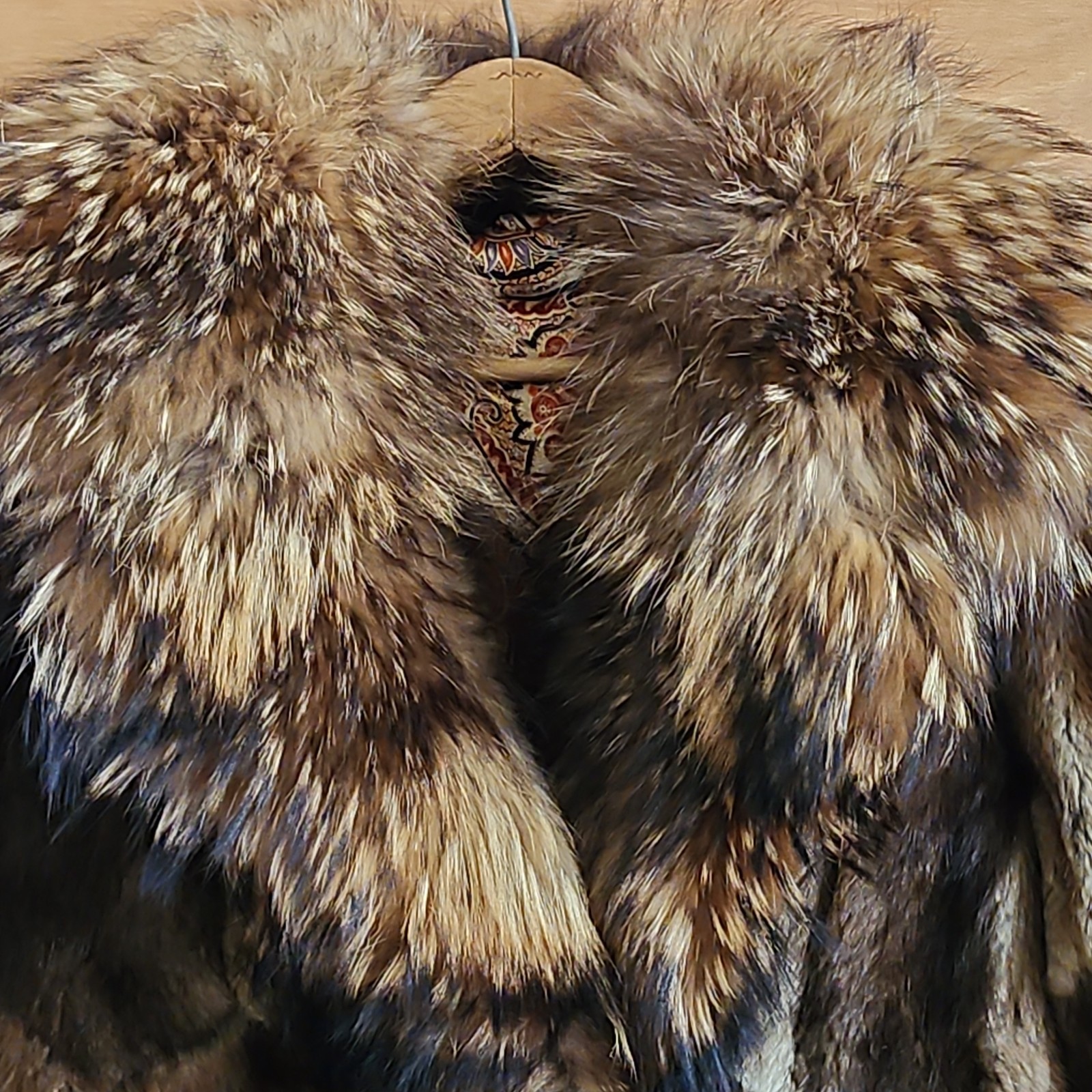 Vintage Rabbit Fur Coat w/ Raccoon Fur Collar & Trim Paisley Lining 41″ -AS IS-