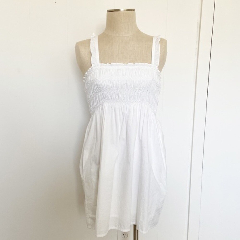 French Connection White Smocked Mini Dress w/ Pockets Organic Cotton Size 0