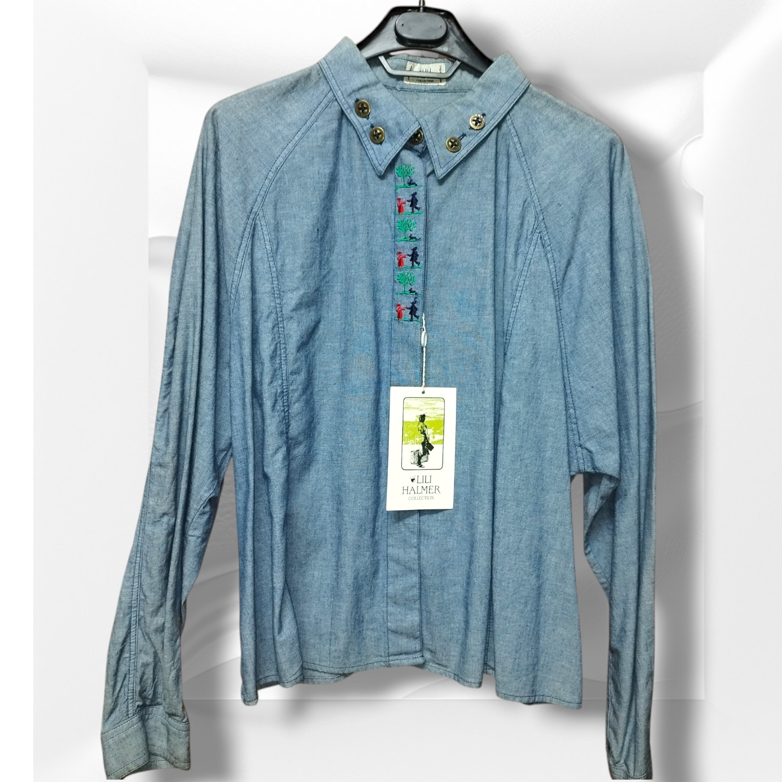 VINTAGE 80s WOMEN’S Designer XL Denim Shirt Raglan Sleeves & BACK MARTINGALE ITA
