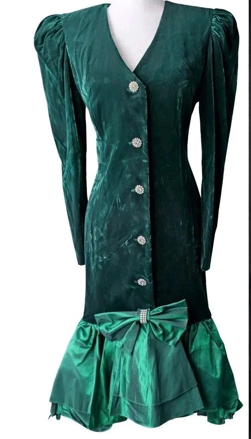 Vtg 80s En Francais Huey Waltzer Emerald Velvet Taffeta Dress Rhinestone Peplum