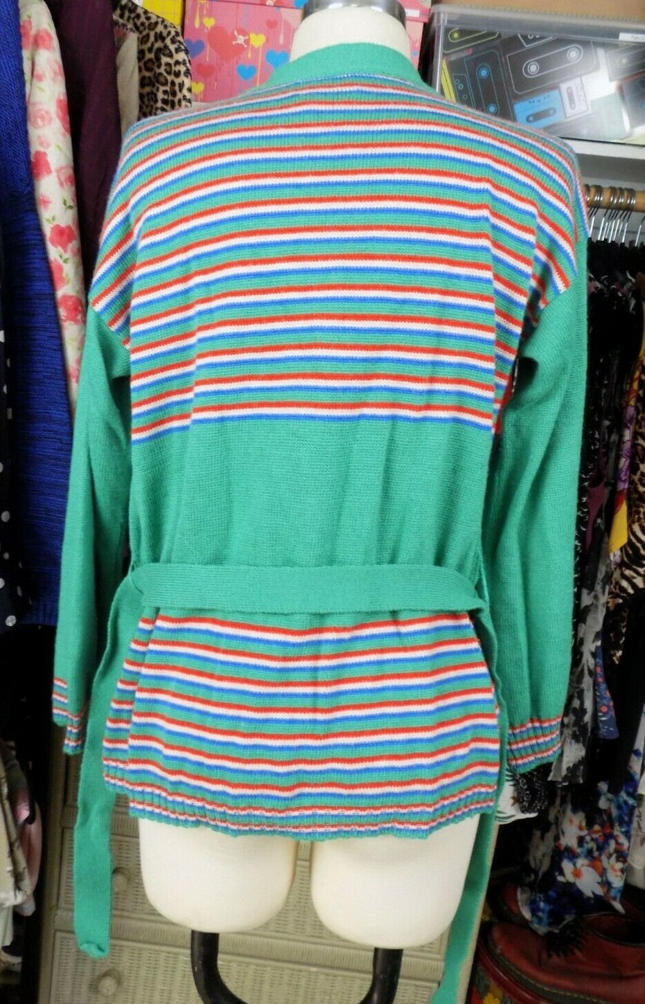 Vintage Sears Mates Junior Bizaar Green Red White Blue Striped Cardigan Medium
