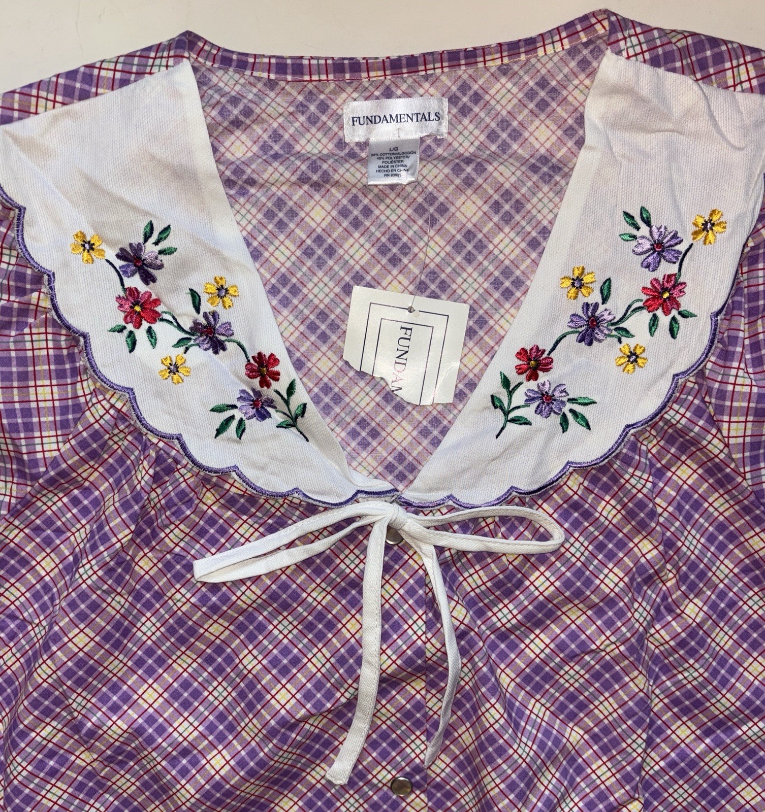 NWT Sears Fundamental VTG Housecoat Collared House Dress Plaid Snaps Pockets L