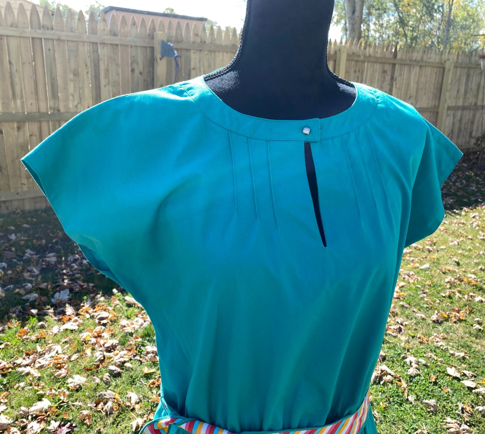 Vintage F.S.A. Collection Teal A-Line Dress Multi Color Belt Tie Strap Size 18