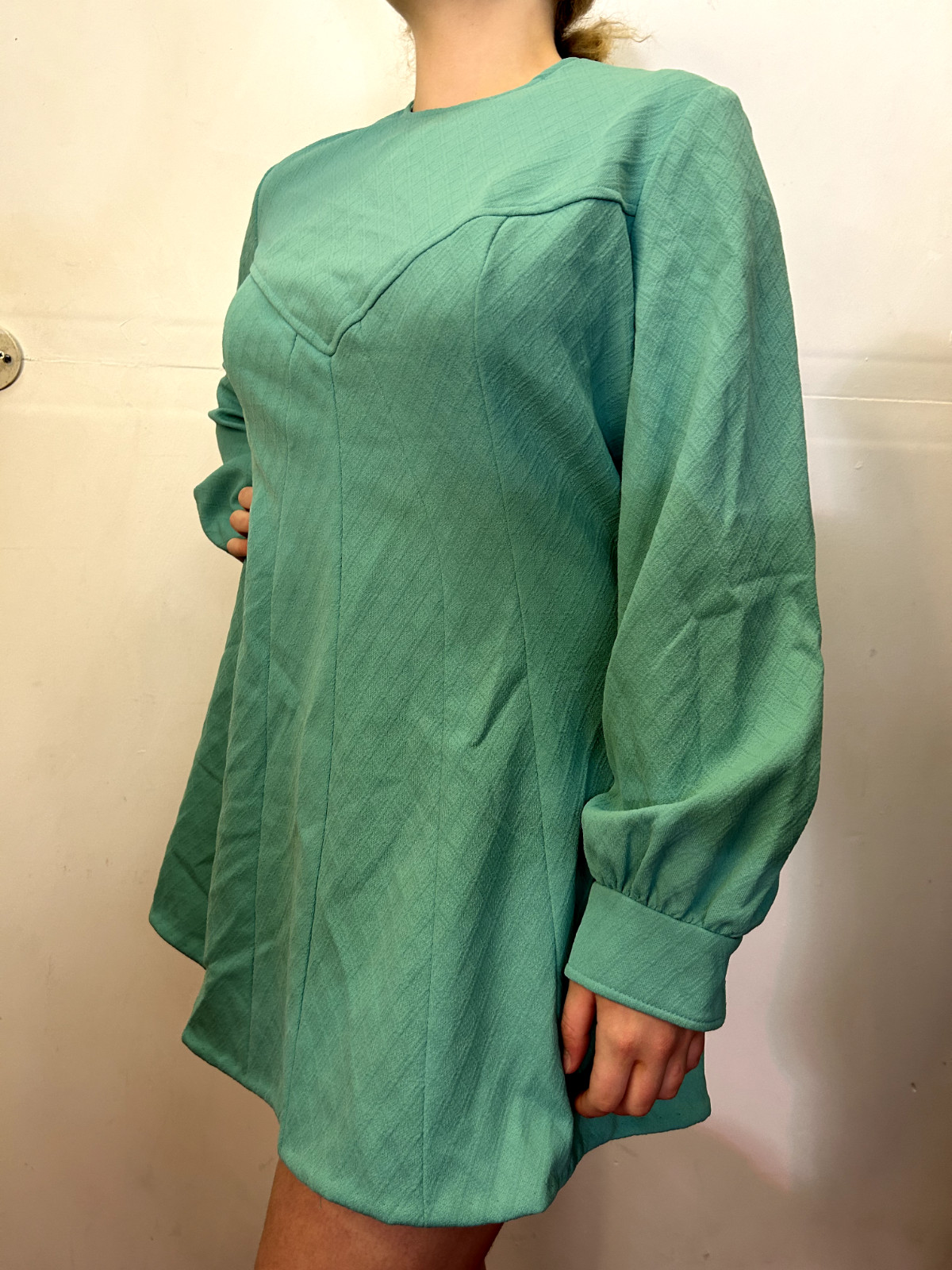 Vintage MODERN STYLE 1980s 60s Teal A-Line Mini Dress Crimplene Mod Go-go AU 14