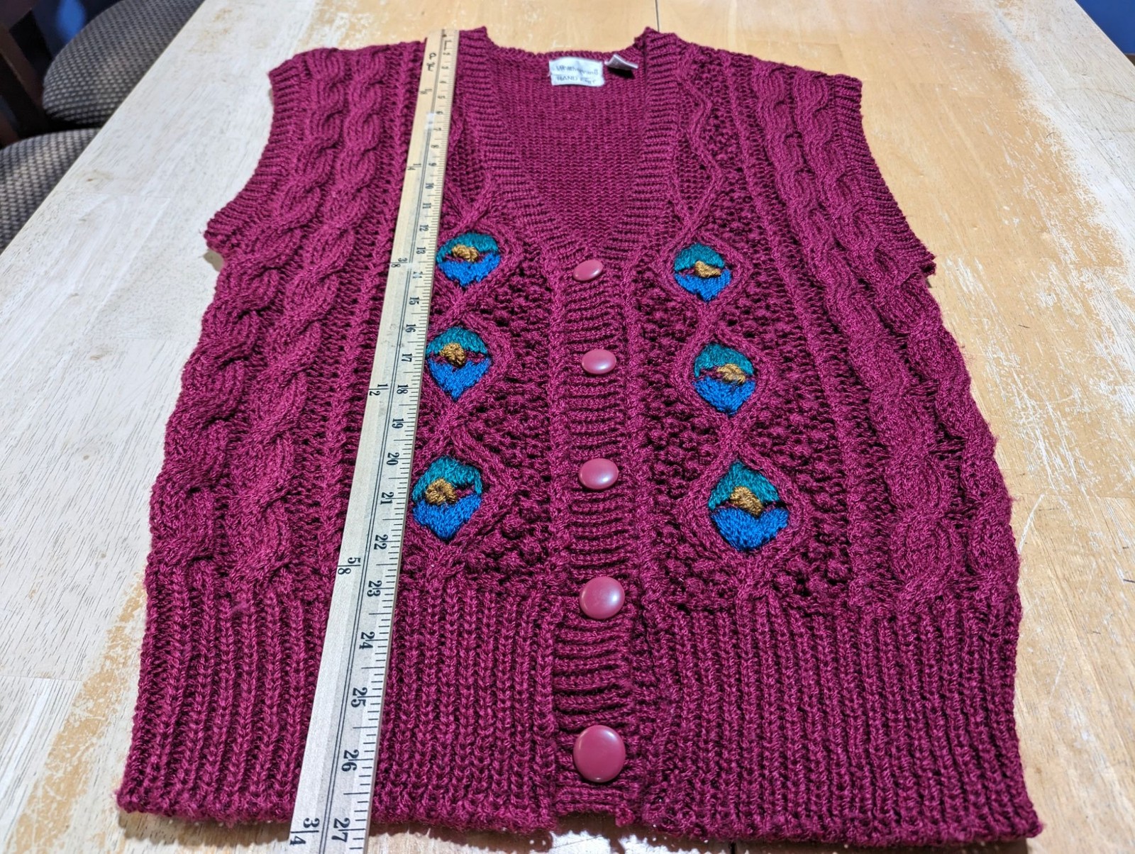 Weathervane hand knit Vintage Burgundy Blue Sleeveless Cardigan Size Large