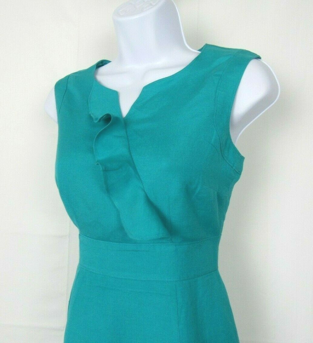 VTG 1980s 90s TAHARI ARTHUR S LEVINE SIZE 4P TURQUOISE LINEN RAYON BLEND DRESS