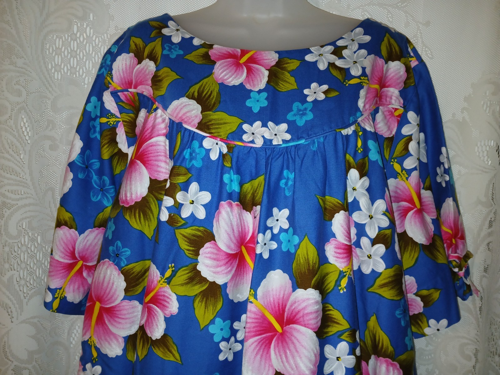 Vintage 60s Ui-Maikai Blue Hawaiian Pink Hibiscus Cotton Muumuu Dress XL Tiki O