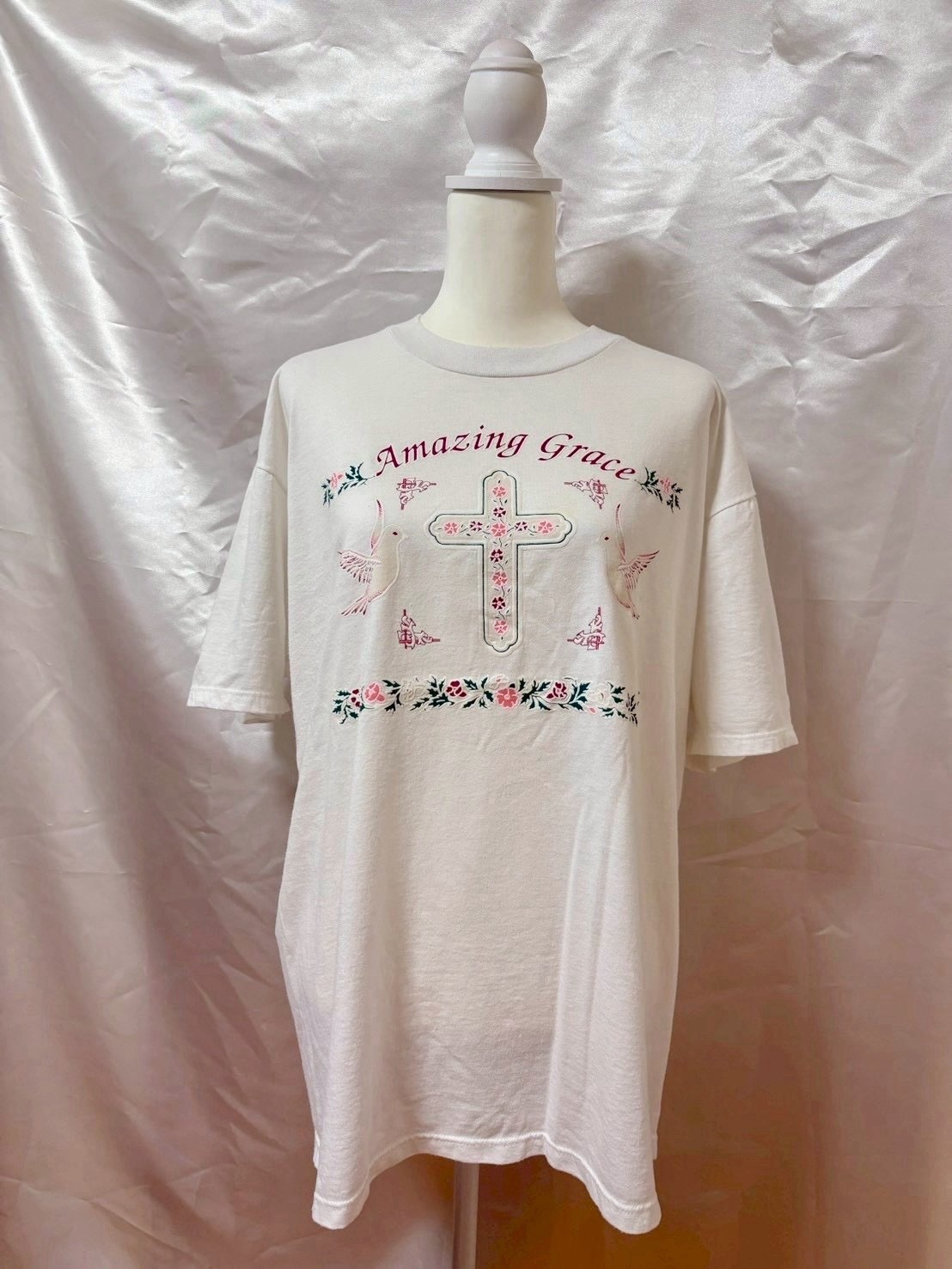 Vintage 80s 90s JERZEES Amazing Grace Cross Graphic T shirt White USA SizeXL