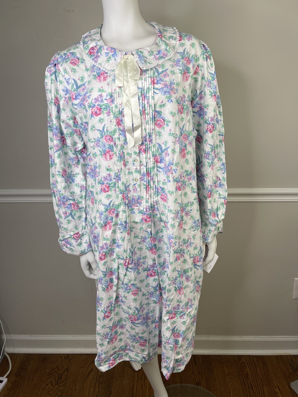 NOS Vintage Sears Carriage Court Pink Floral Flannel Cotton Night Gown Sz L