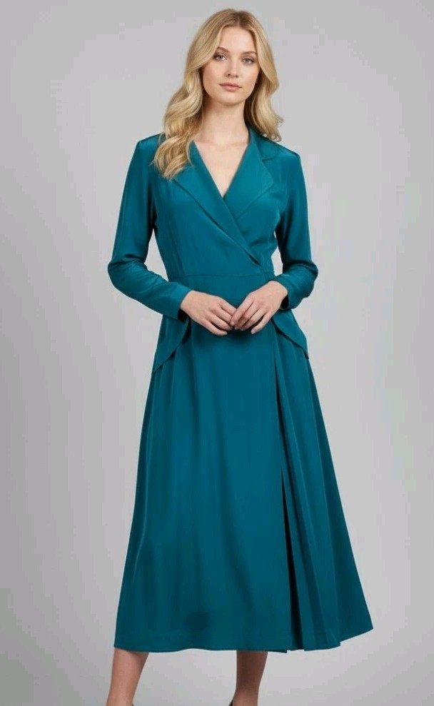 ✨ VTG 100% Silk Wrap Claiborne Midi Blue Green Dress Sz 12 Summer Quiet Luxury