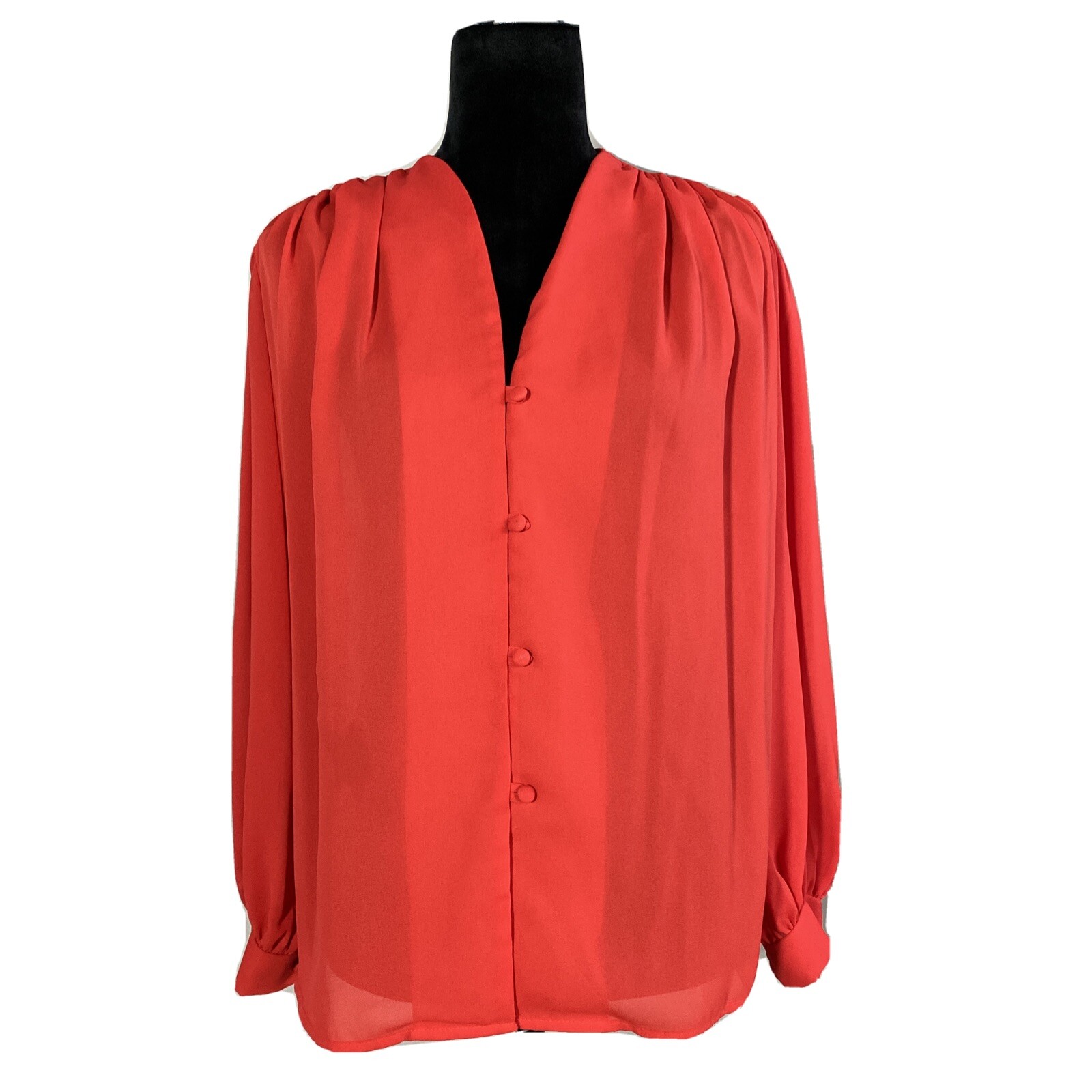 VTG Puccini Blouse Sz 8 True Red Button Loop Pleat Shoulder Long Sl Top Work USA