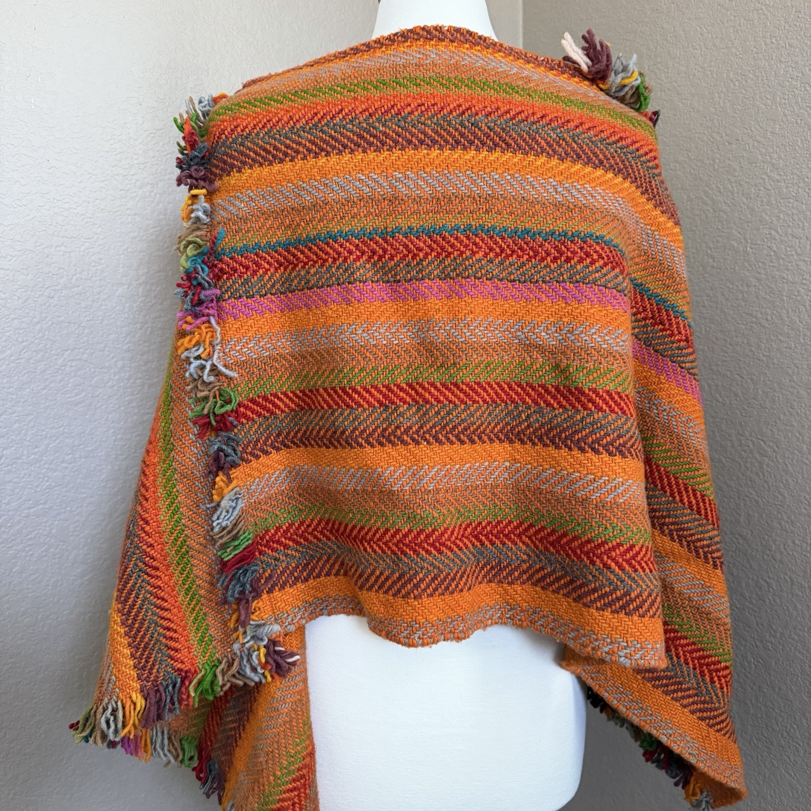 Vintage Woven Boho Poncho Wool Blend Fringe Southwestern Pullover