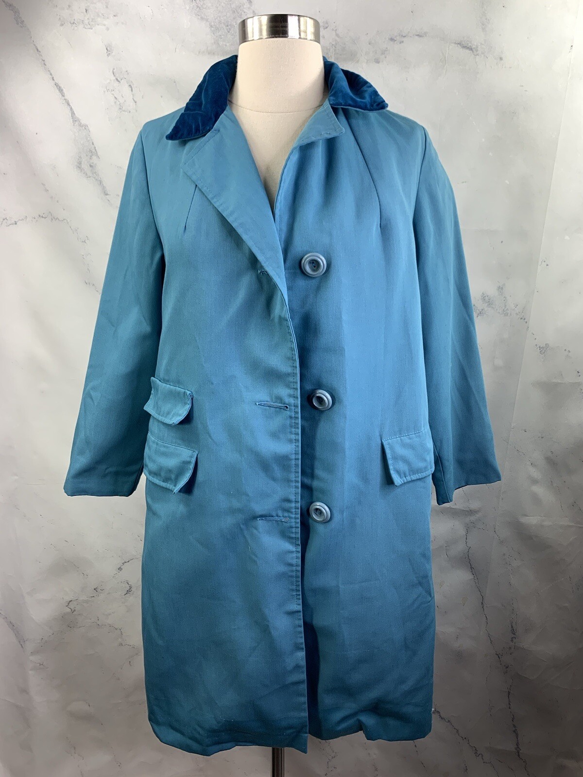 Vintage 60s Sears MOD Trench Coat Womens S Blue Velvet Collar Retro Spy Jacket
