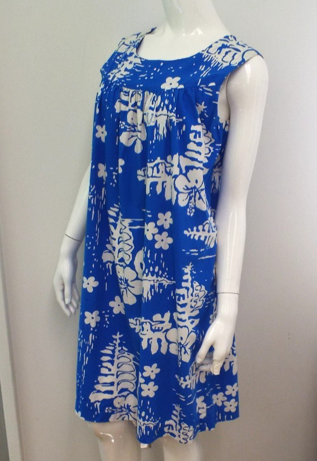 Vintage Ui-Maikai Hawaiian Dress Blue Hibiscus Floral Cotton Sundress Hawaii S/M
