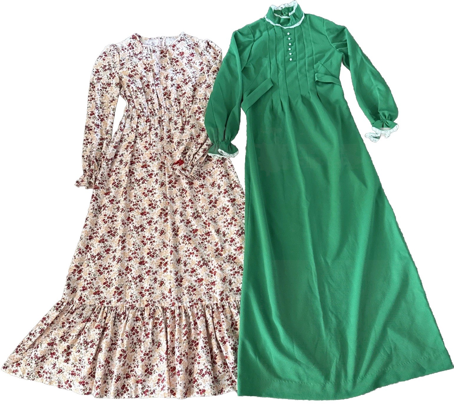Vintage Lot Of 2 Handmade Long Prarie Dress Floral & Green Long Sleeve Modest