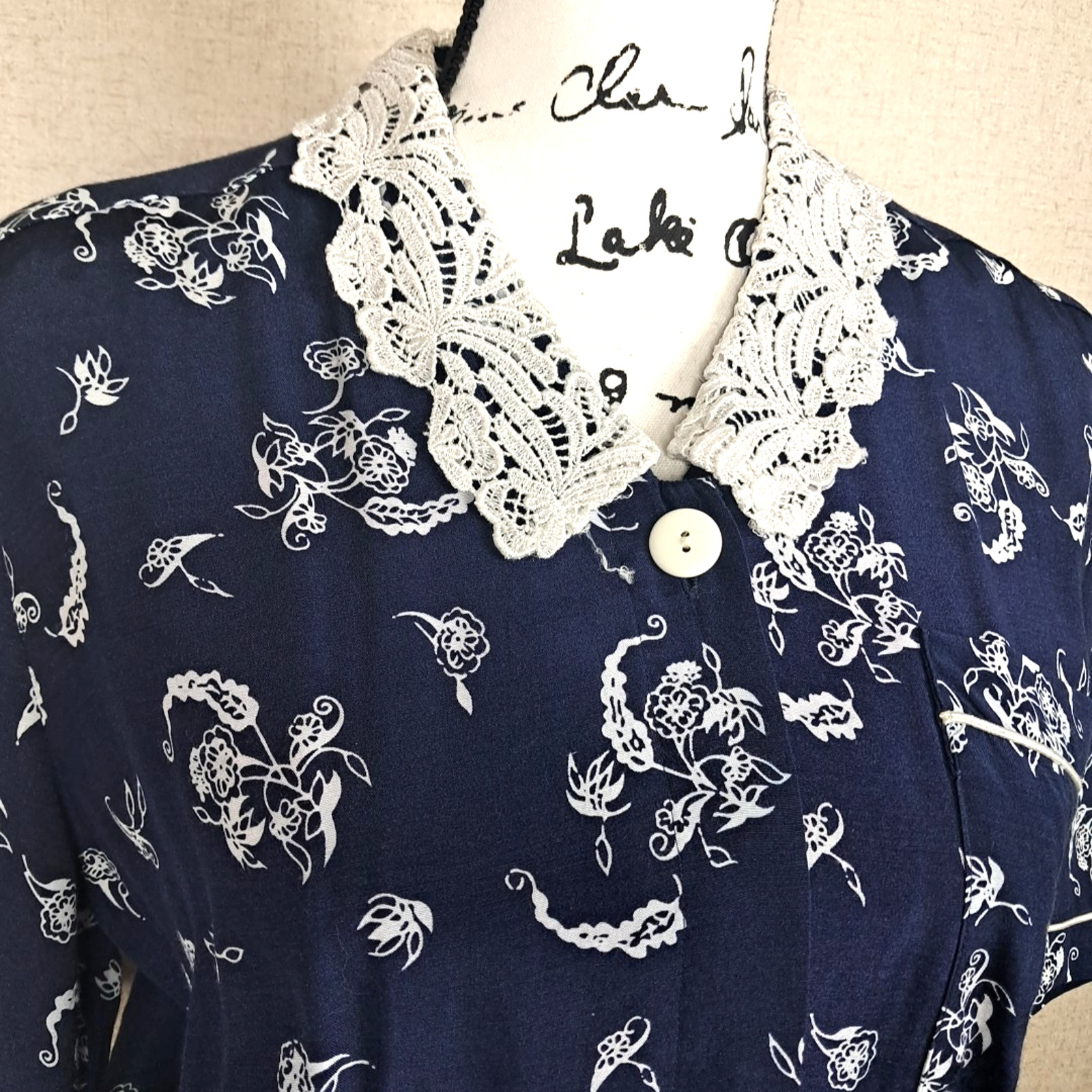 90’s Karen Stevens Floral Lace Collar Pencil Midi Dress Size 6 Blue Cottagecore