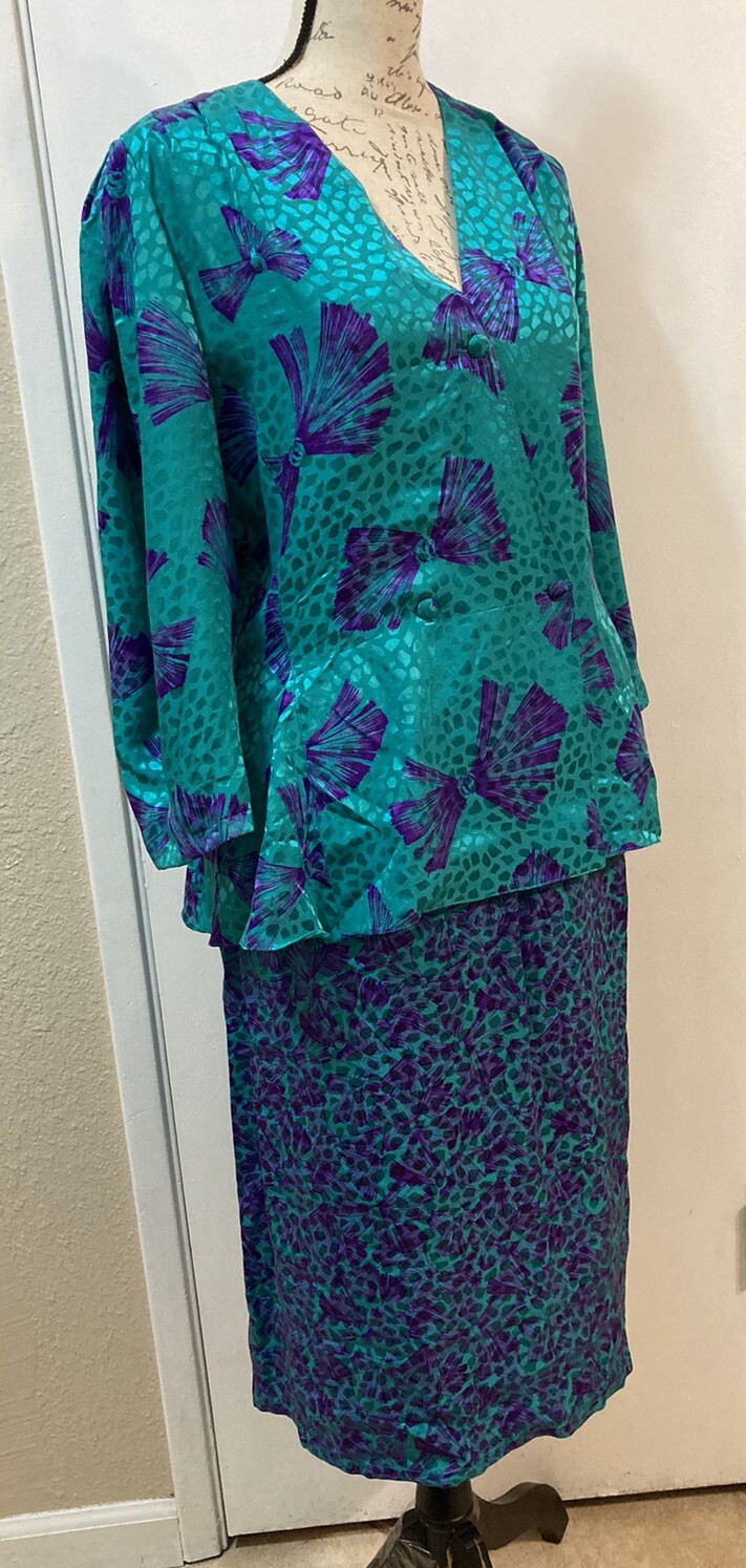 NORA NOH Asymmetric Blouse Maxi Skirt Set 100% Silk Jewel Green Purple Vtg 14
