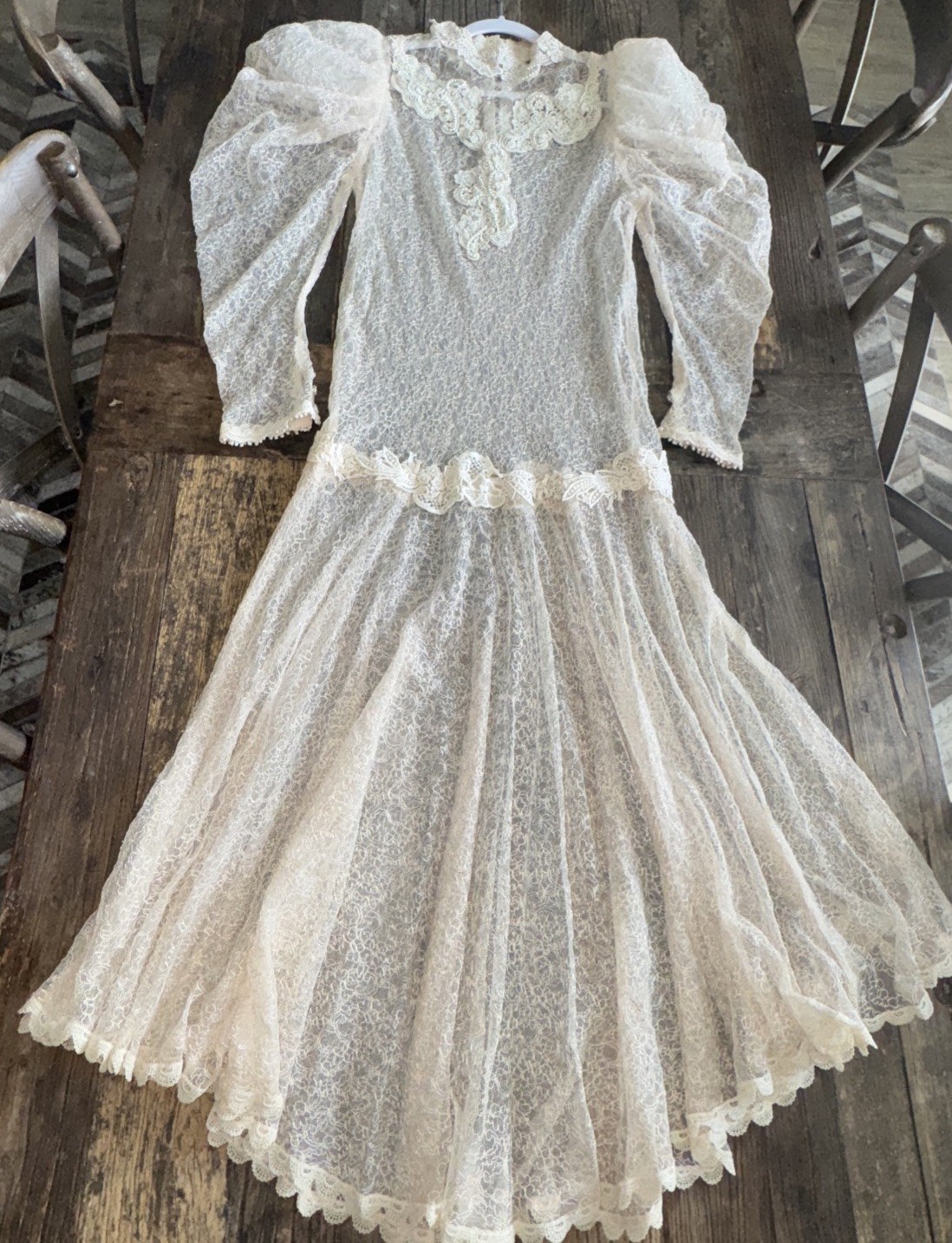 VTG Lorrie Kabala Lace Victorian Pearl Puff Sleeve Drop Waist Mermaid Dress 14