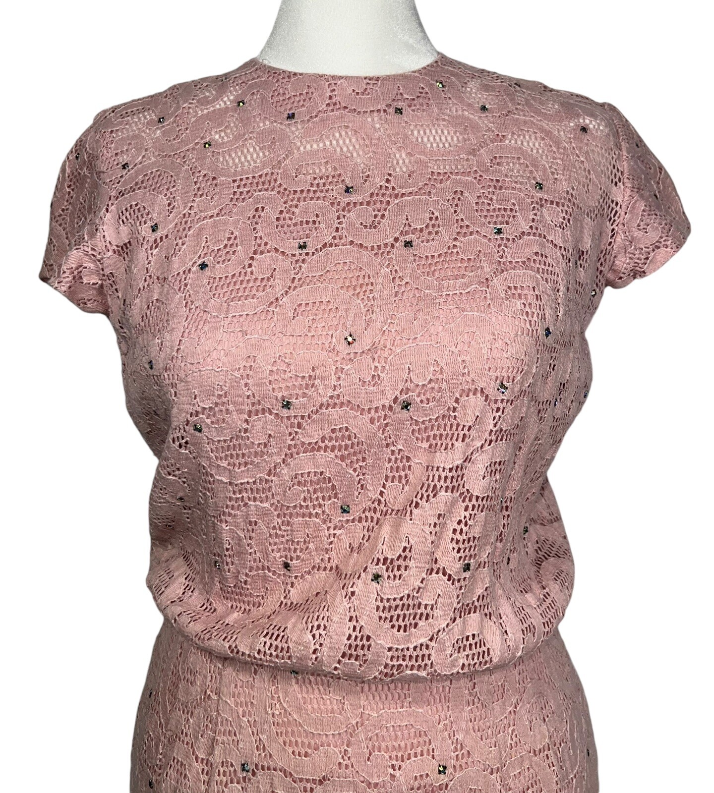 VTG 1950s PAUL SACHS RHINESTONE PINK LACE COCKTAIL WIGGLE DRESS ROCKABILLY GLAM