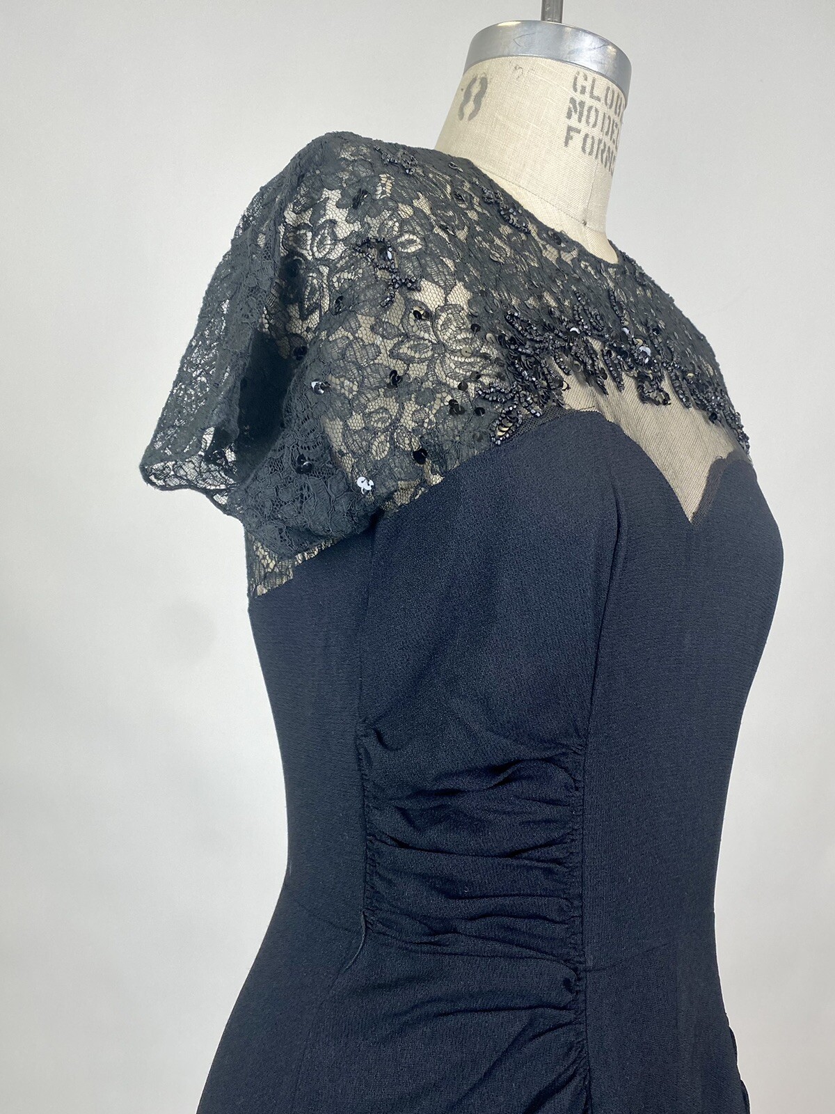 Antique Vintage 1930s Black Rayon Beaded Dress Lace Bodice Rouched Waist AS IS
