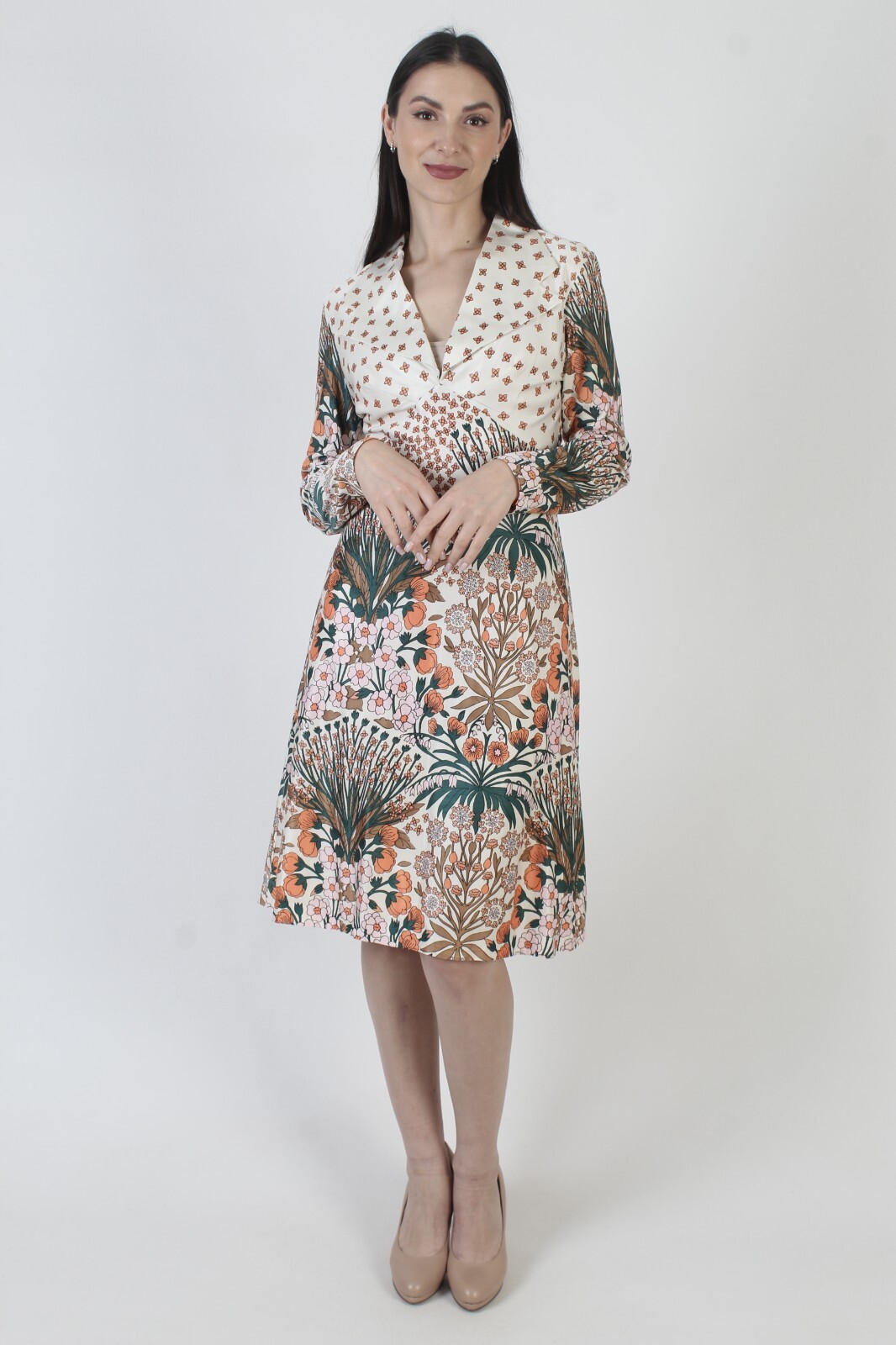 Vtg 60s Floral Print Dress Dagger Collar Nature Knee Length Cocktail Nature