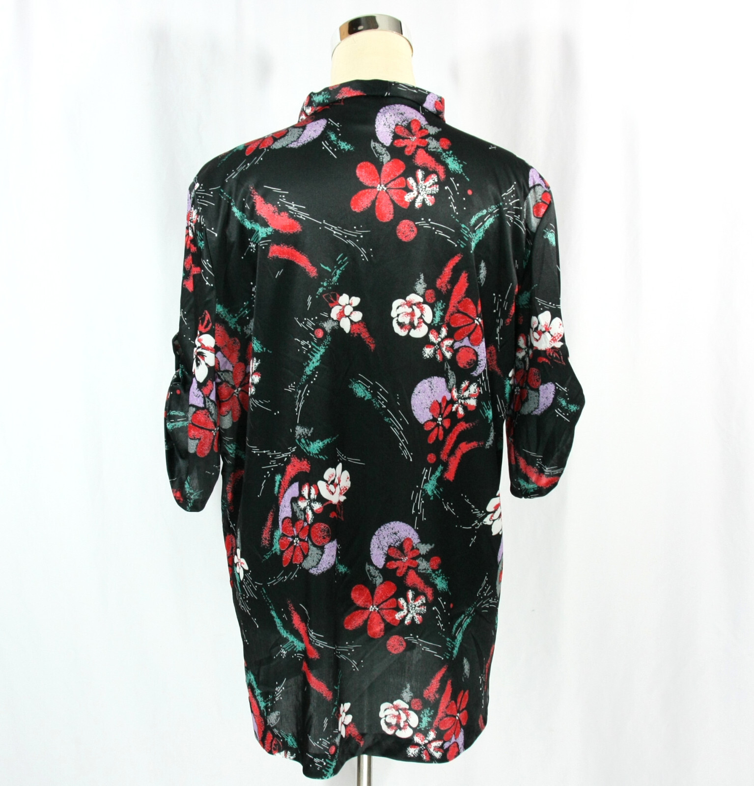 Vintage Red Black Floral Keyhole Bow Neck Tab Sleeve Tunic Top Boho 1970s M L