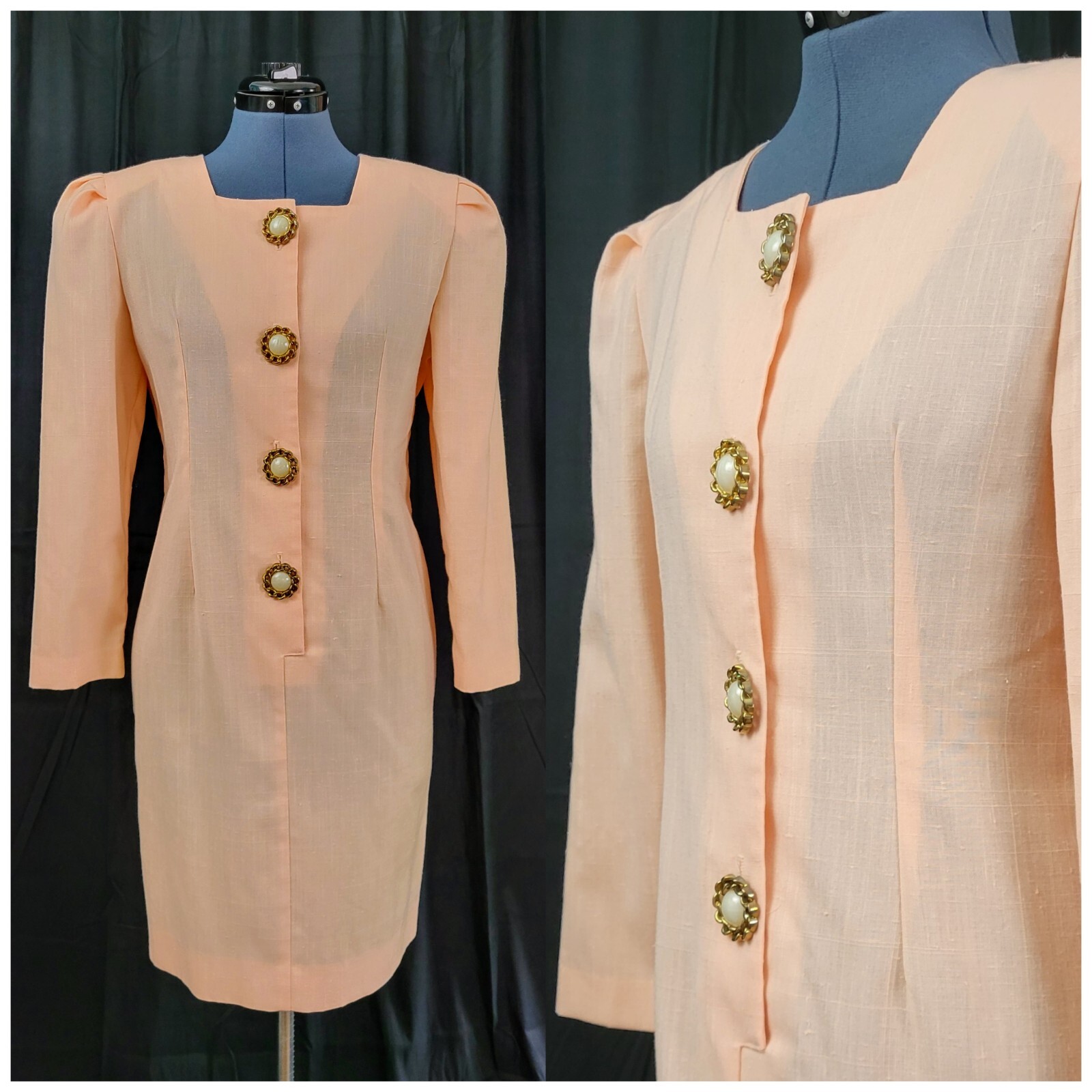 Vintage Peach Linen-Look Sheath Dress w Large Accent Buttons Size M?