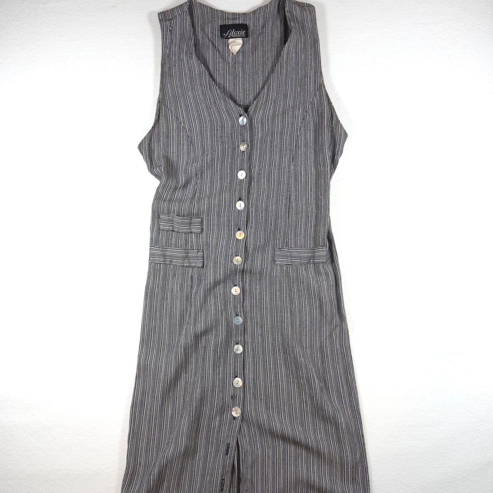 Vintage Butter Mom Alexis Fashions Black White Check Button Front Lace Up Dress