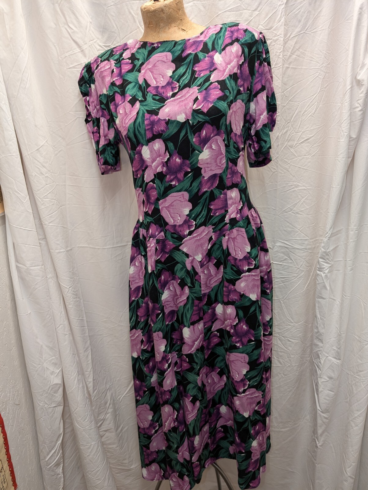 1980’s Black Purple Green White Rayon Dress by Country Romance Size 7/8